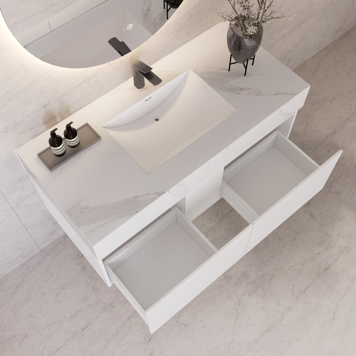48" White Sintered Stone Top with Double Drawer Floating Bathroom Vanity -Vanity48"