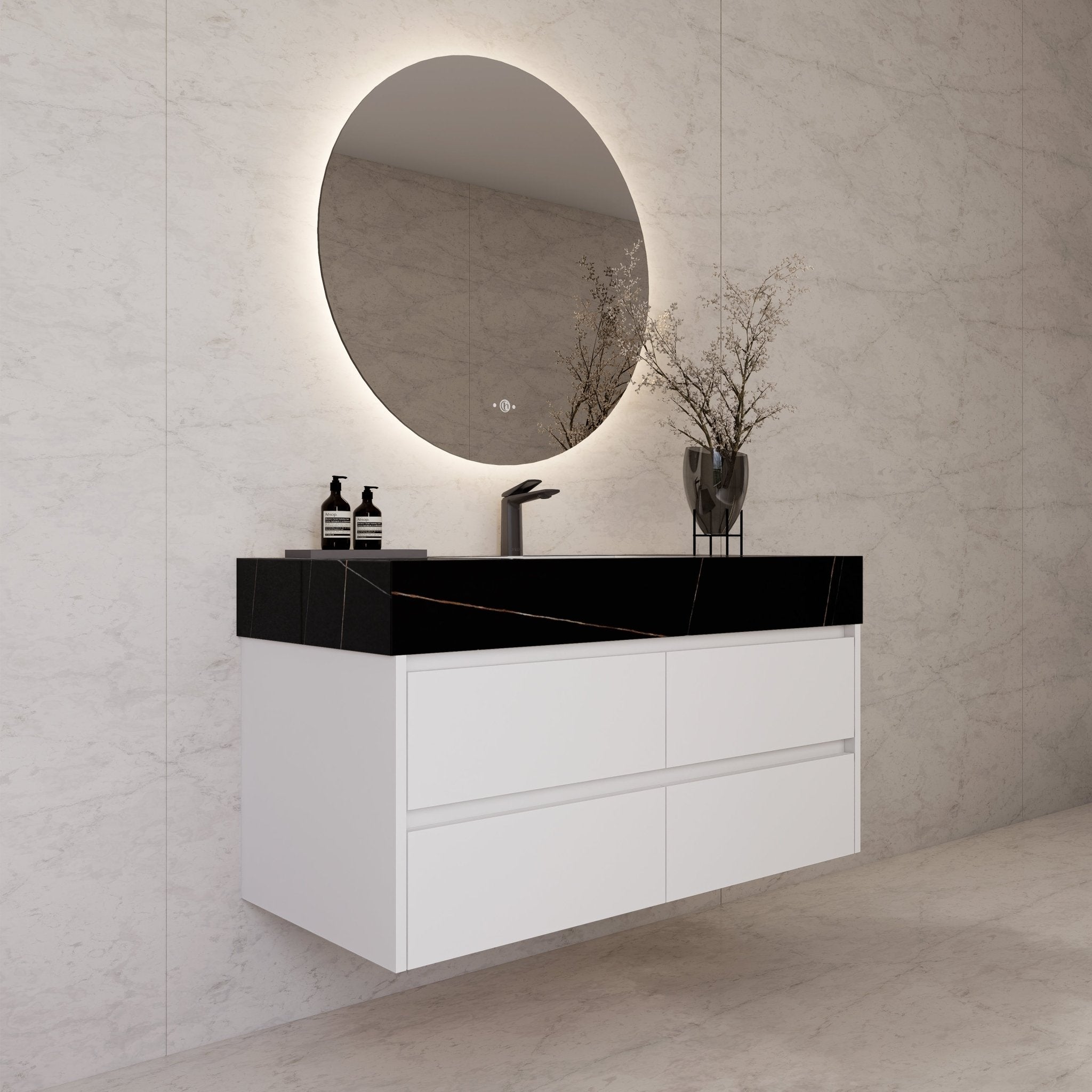 48" White Sintered Stone Top With Double Drawer Floating Bathroom Vanity -VanityWhite