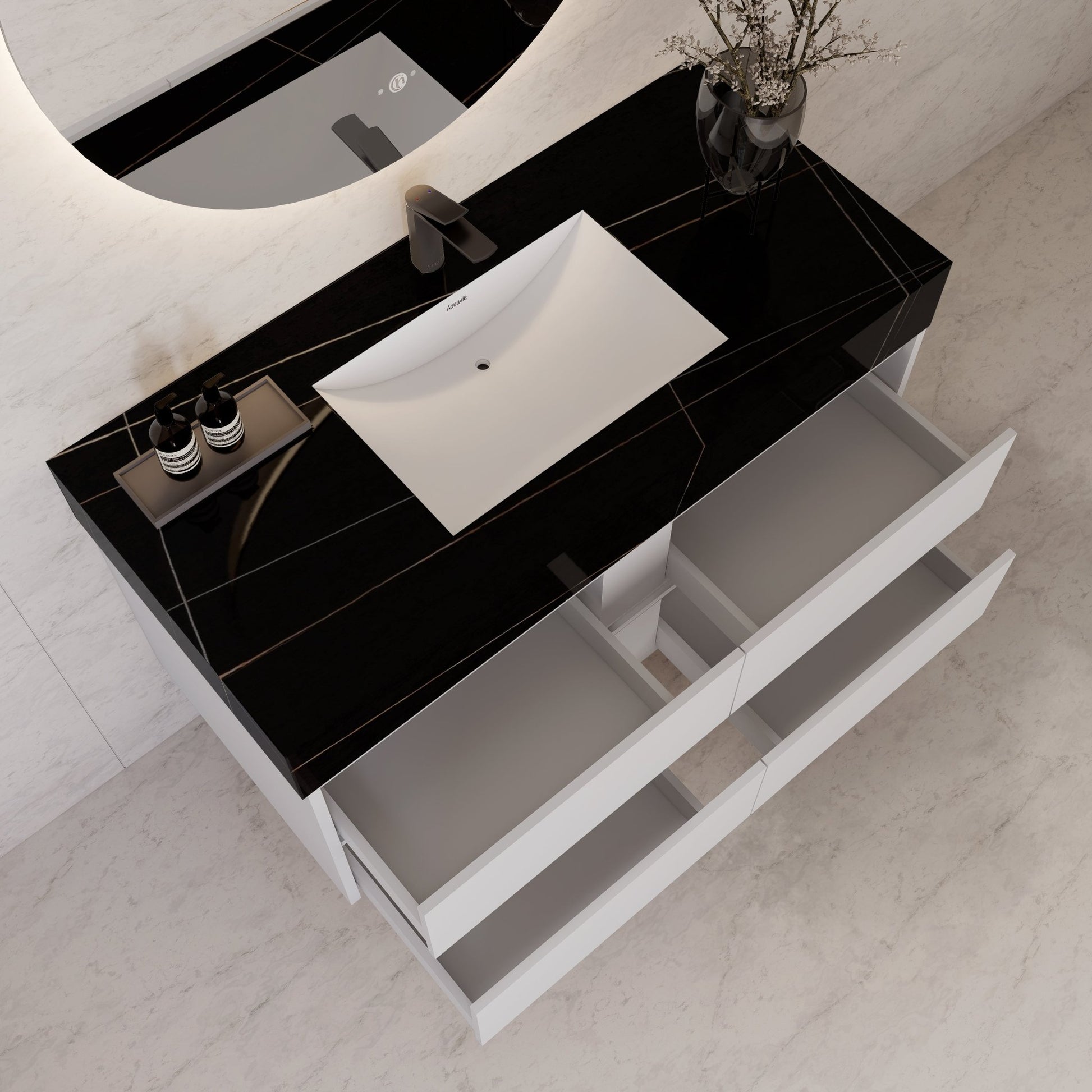 48" White Sintered Stone Top With Double Drawer Floating Bathroom Vanity -VanityWhite
