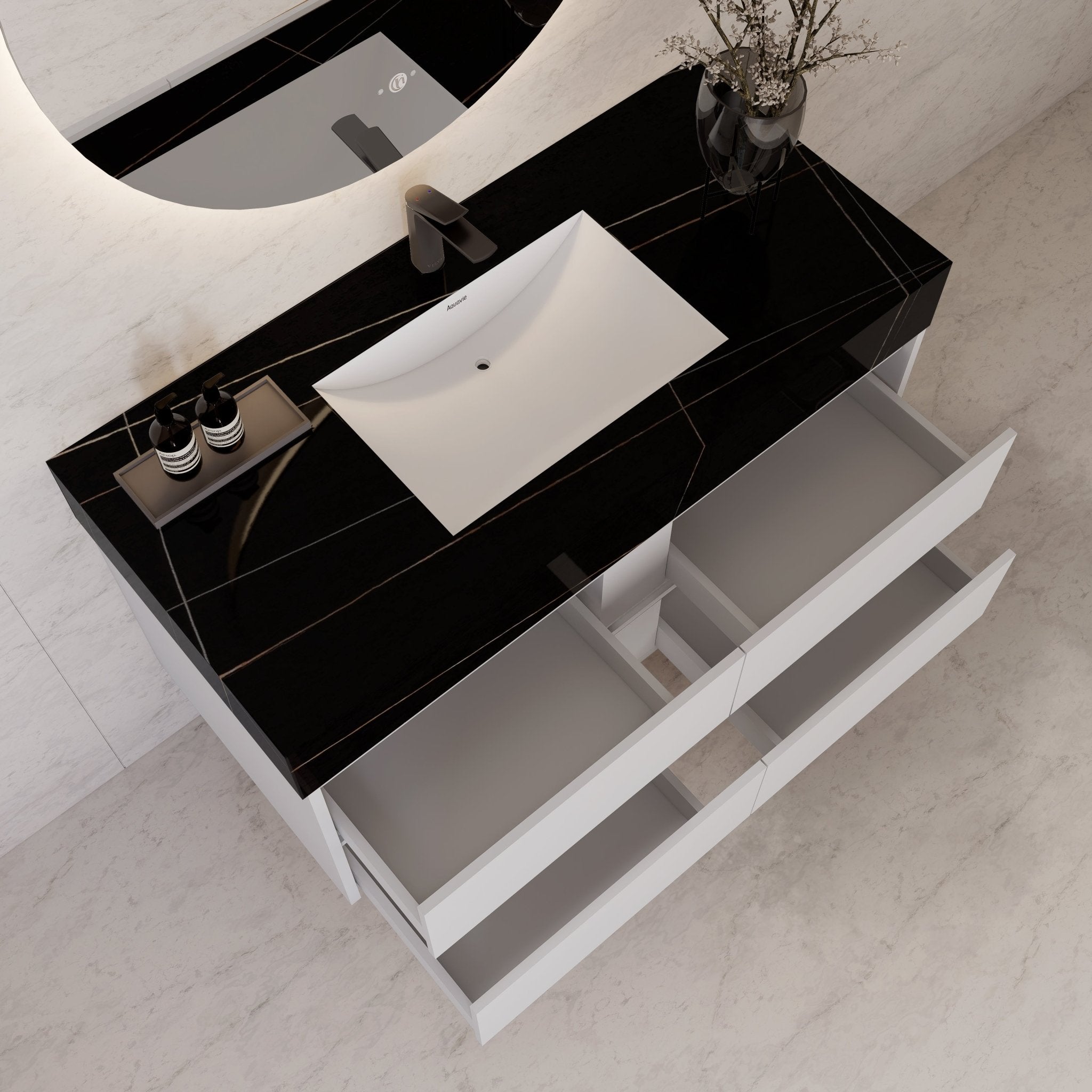 48" White Sintered Stone Top With Double Drawer Floating Bathroom Vanity -VanityWhite