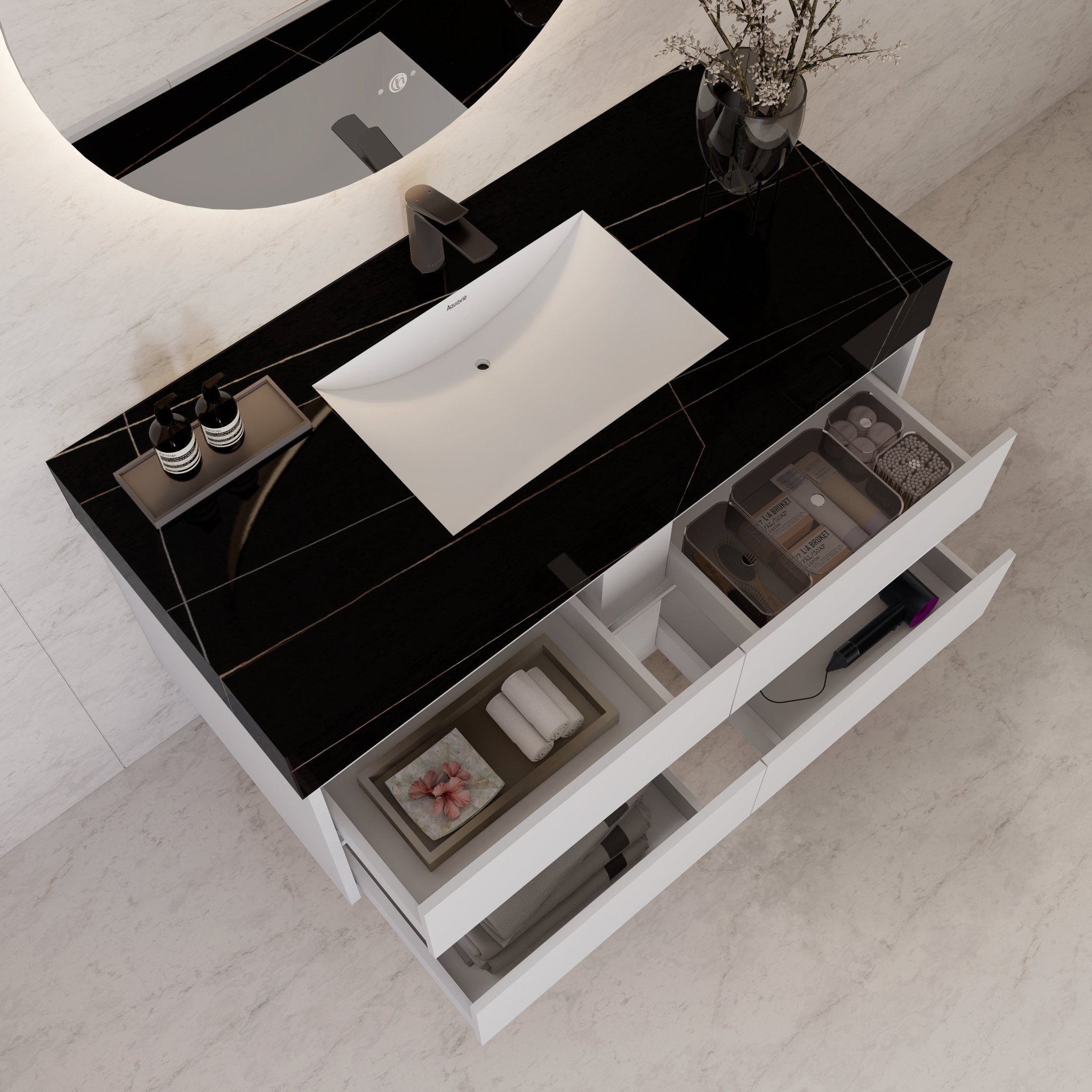 48" White Sintered Stone Top With Double Drawer Floating Bathroom Vanity -VanityWhite