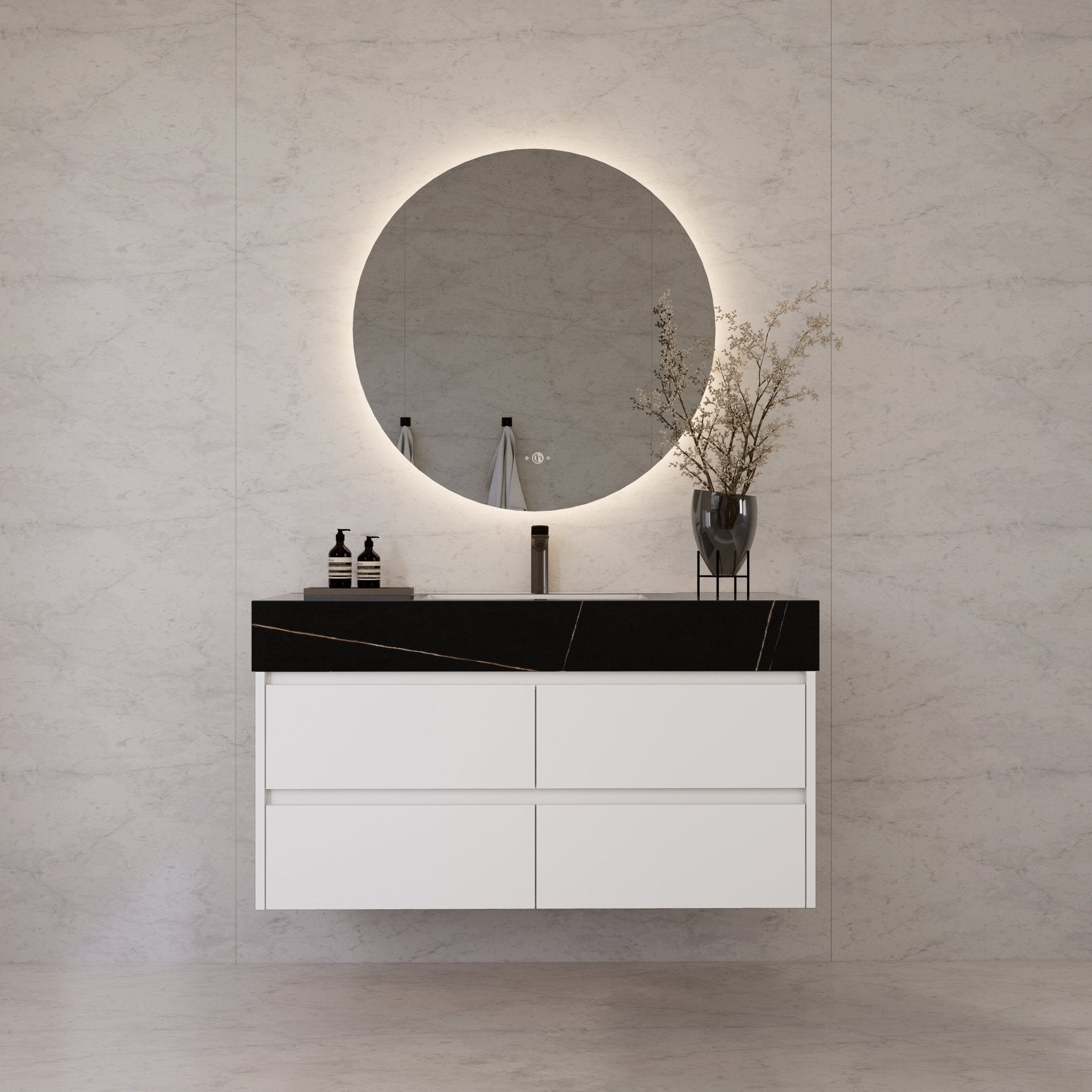 48" White Sintered Stone Top With Double Drawer Floating Bathroom Vanity -VanityWhite