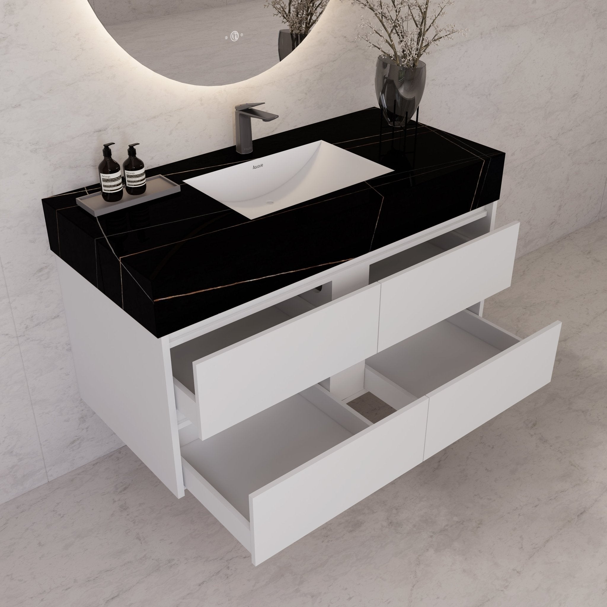 48" White Sintered Stone Top With Double Drawer Floating Bathroom Vanity -VanityWhite