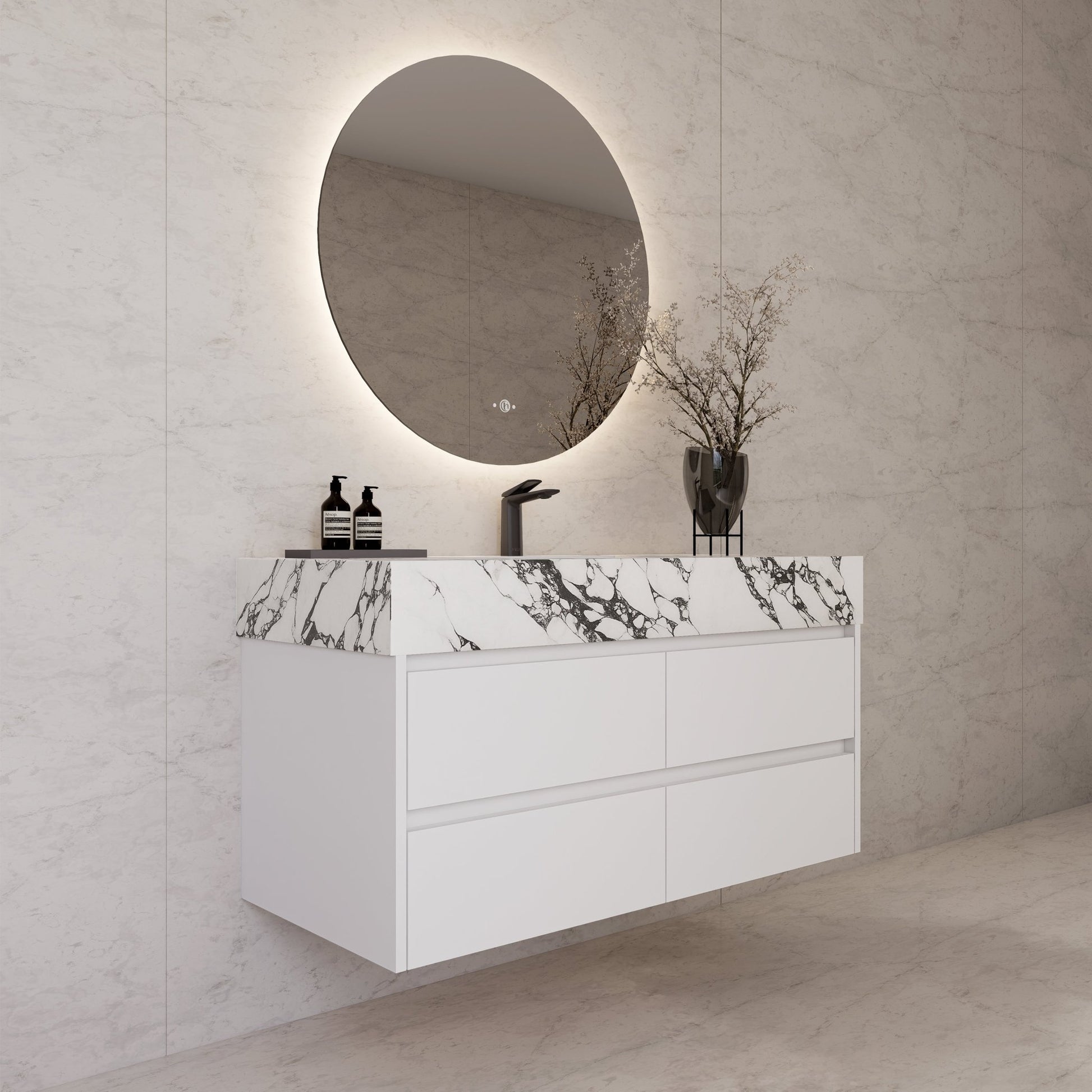 48" White Sintered Stone Top With Double Drawer Floating Bathroom Vanity -VanityWhite