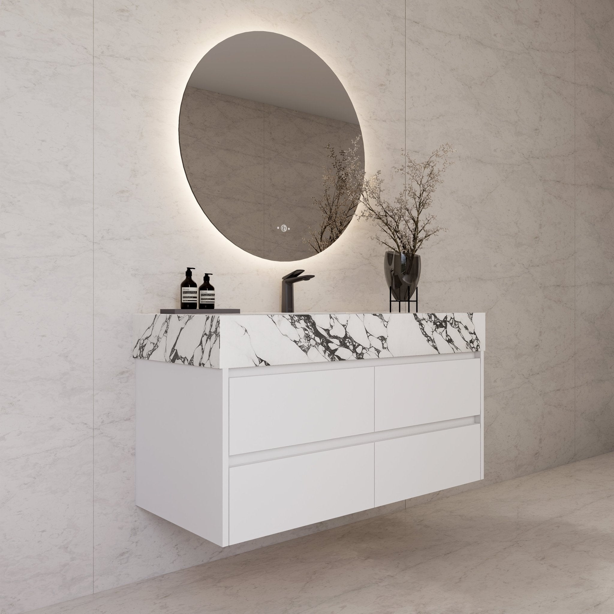 48" White Sintered Stone Top With Double Drawer Floating Bathroom Vanity -VanityWhite