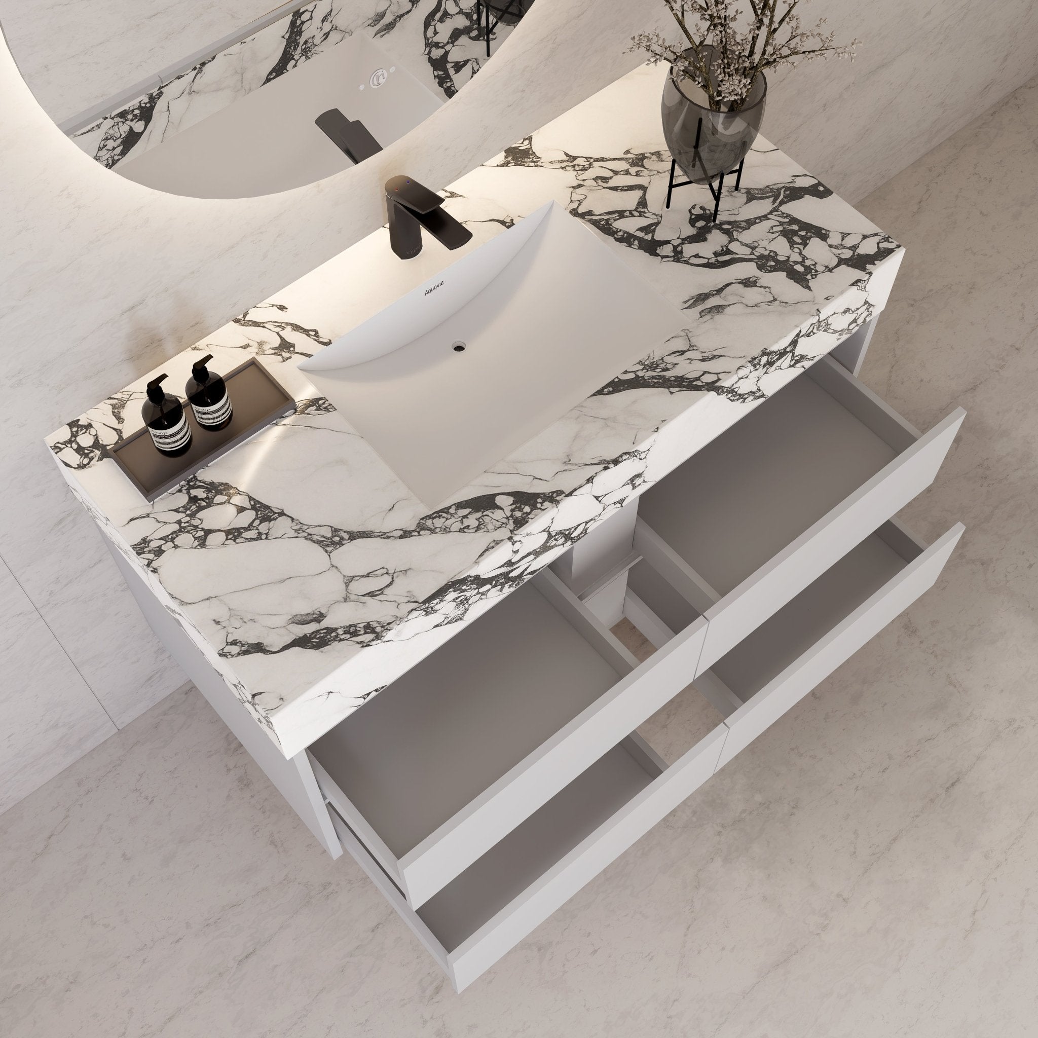 48" White Sintered Stone Top With Double Drawer Floating Bathroom Vanity -VanityWhite