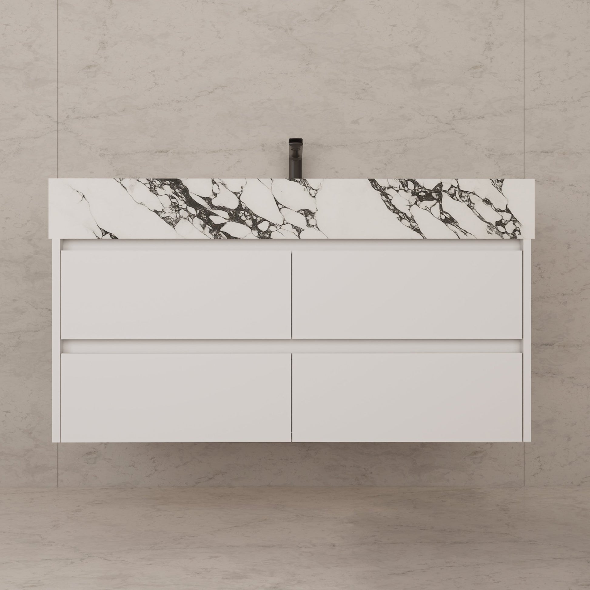 48" White Sintered Stone Top With Double Drawer Floating Bathroom Vanity -VanityWhite