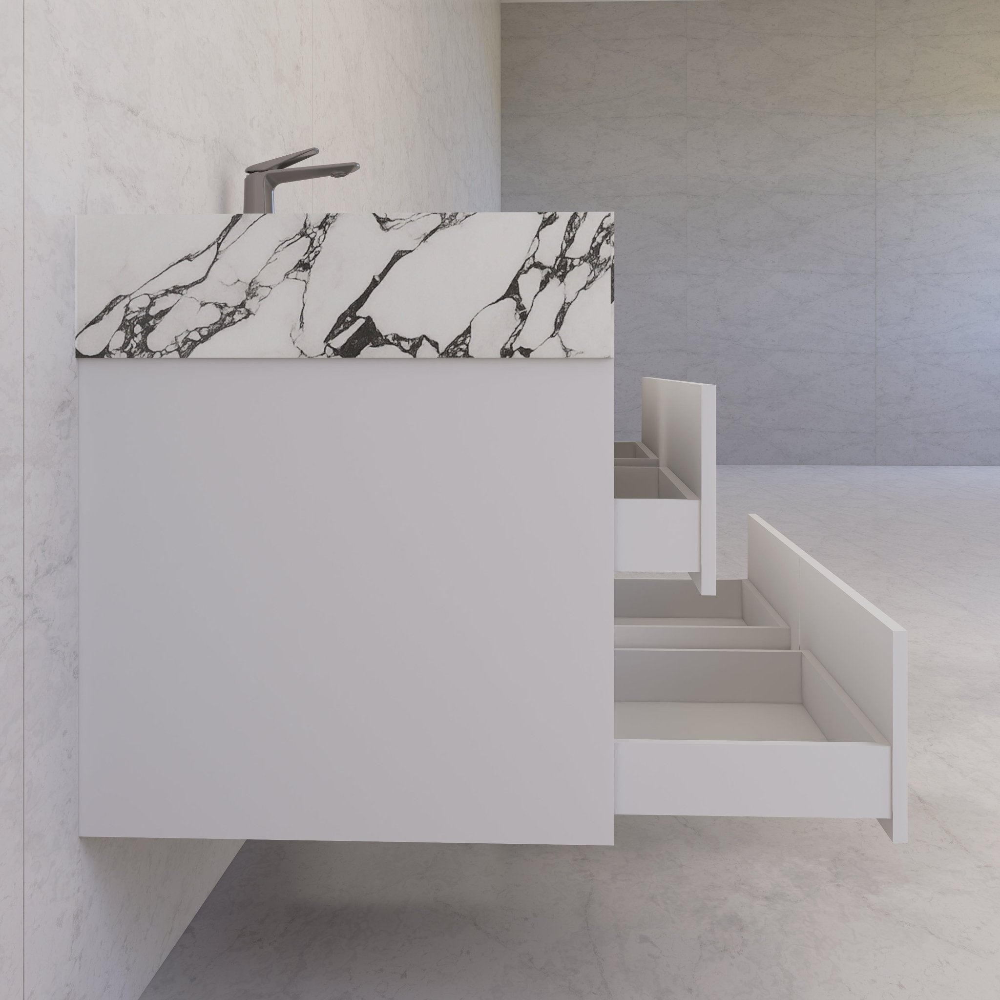 48" White Sintered Stone Top With Double Drawer Floating Bathroom Vanity -VanityWhite