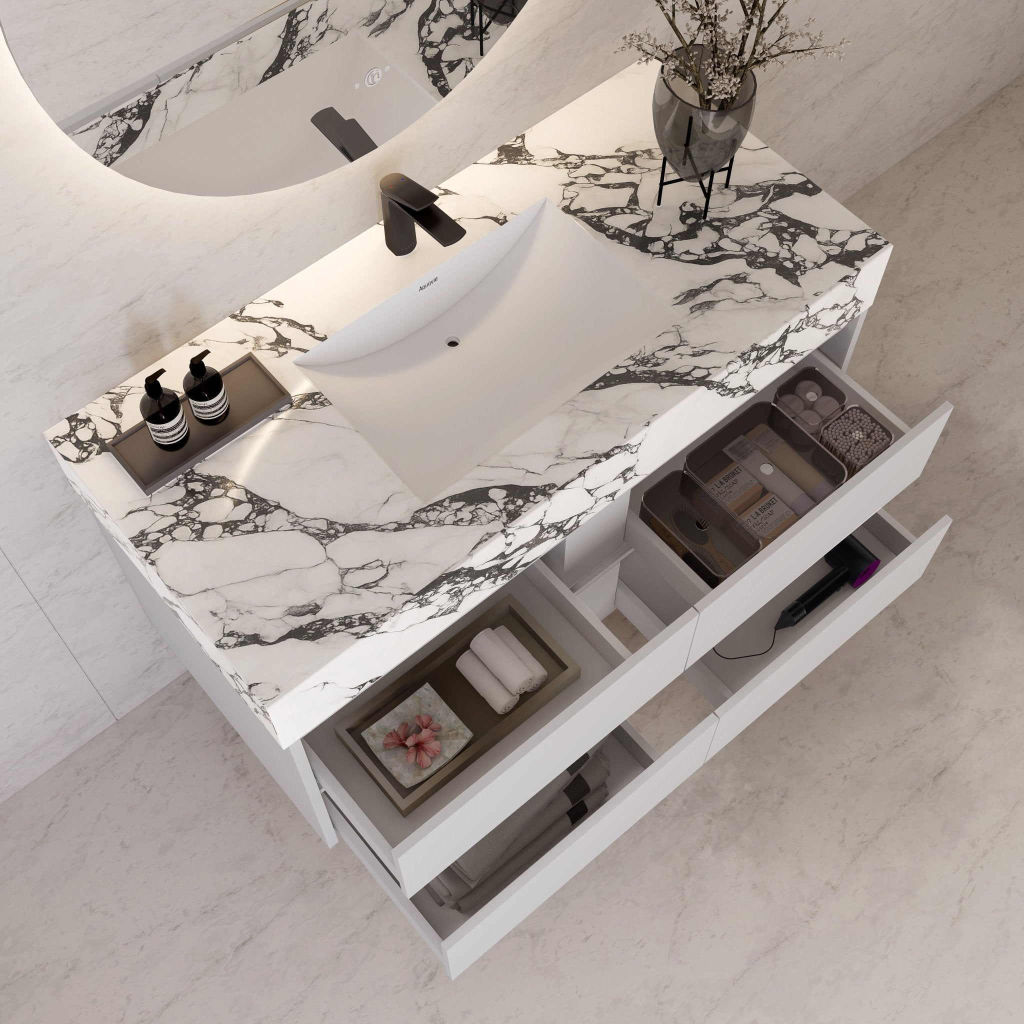 48" White Sintered Stone Top With Double Drawer Floating Bathroom Vanity -VanityWhite