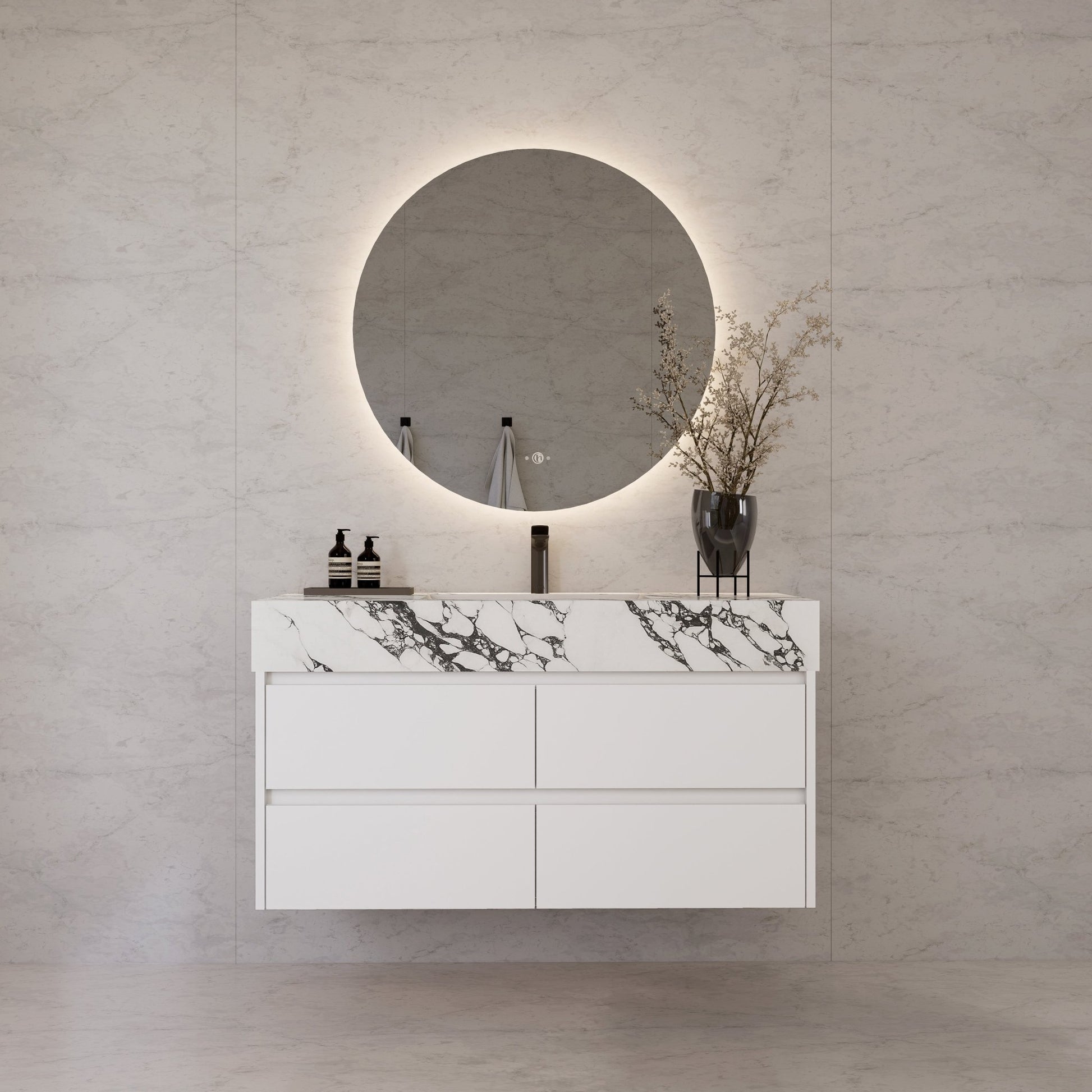 48" White Sintered Stone Top With Double Drawer Floating Bathroom Vanity -VanityWhite