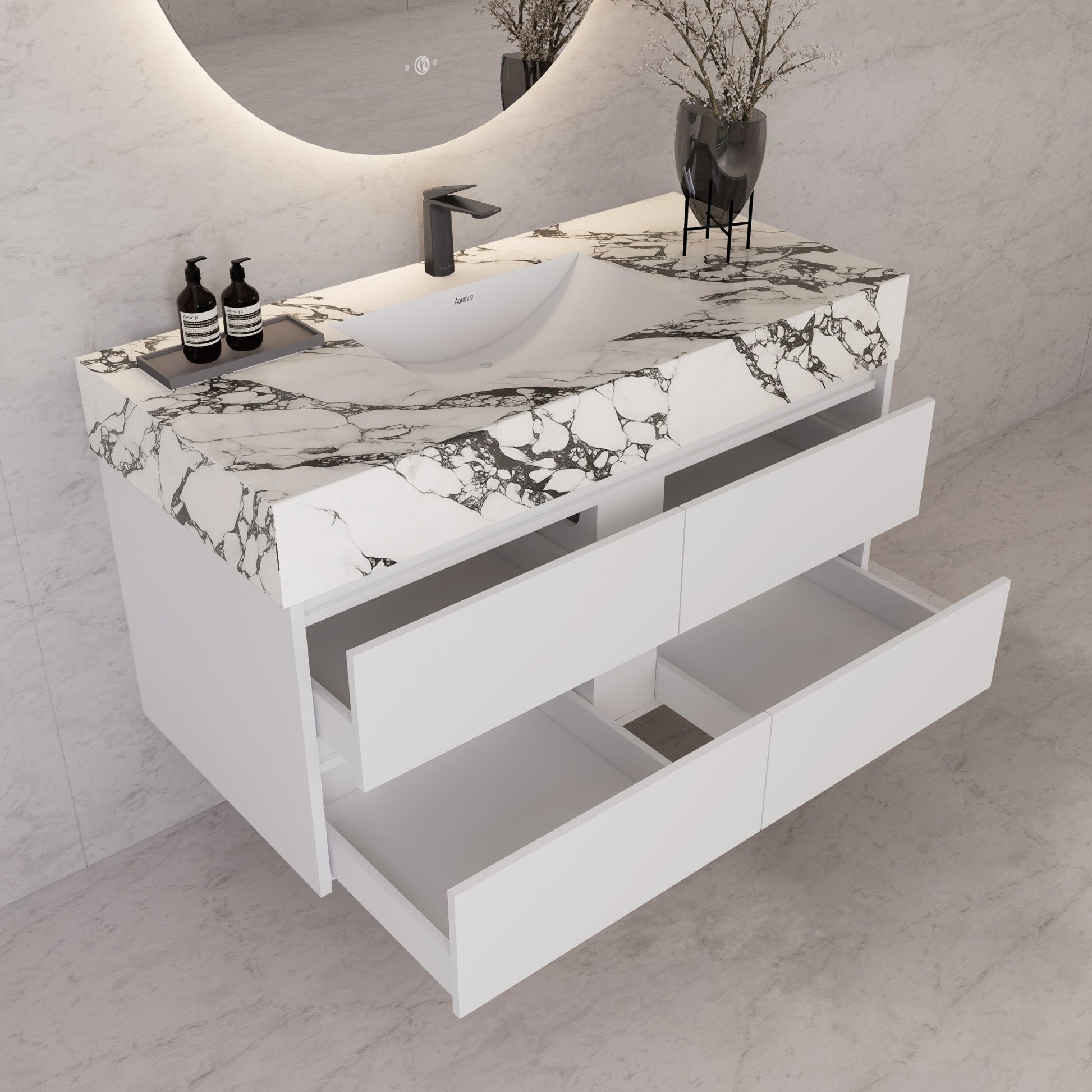 48" White Sintered Stone Top With Double Drawer Floating Bathroom Vanity -VanityWhite