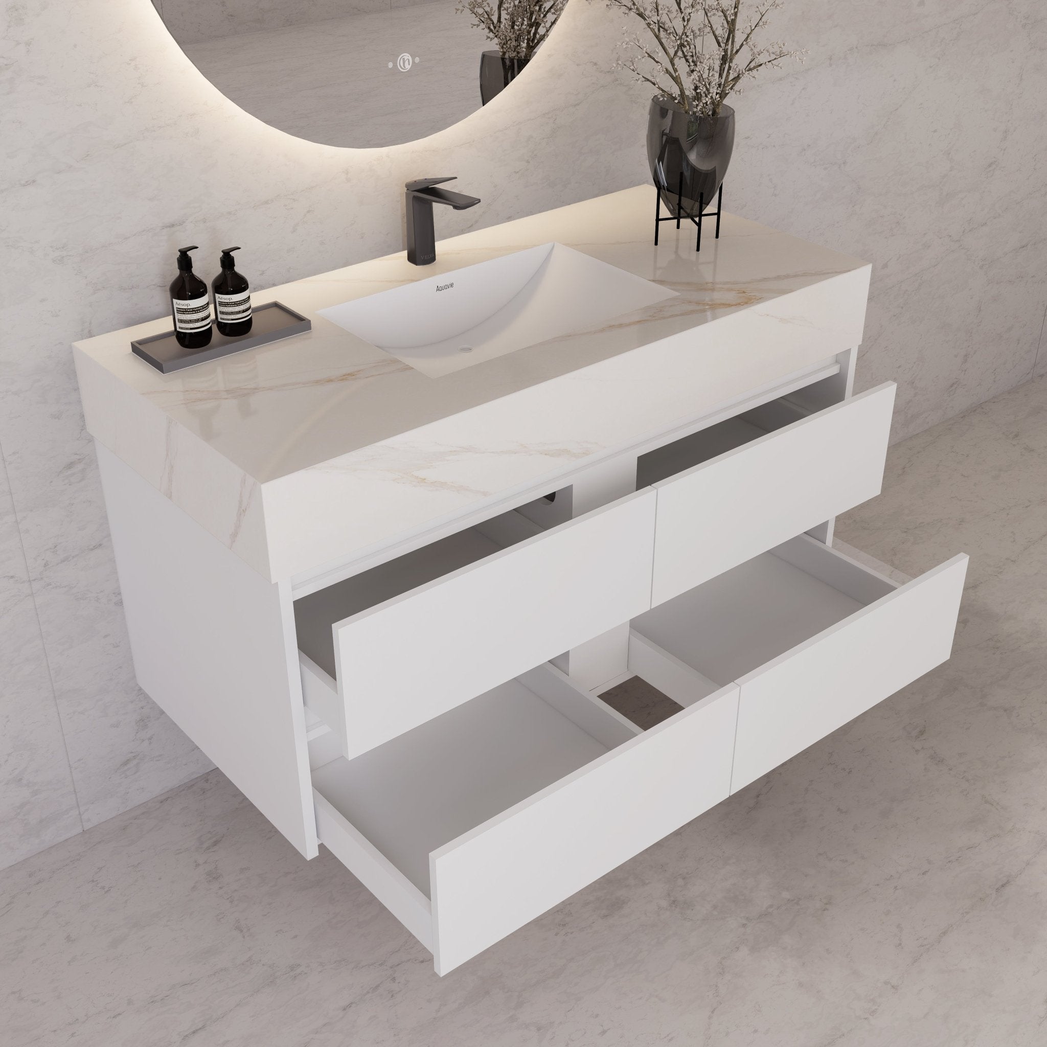 48" White Sintered Stone Top With Double Drawer Floating Bathroom Vanity -VanityWhite