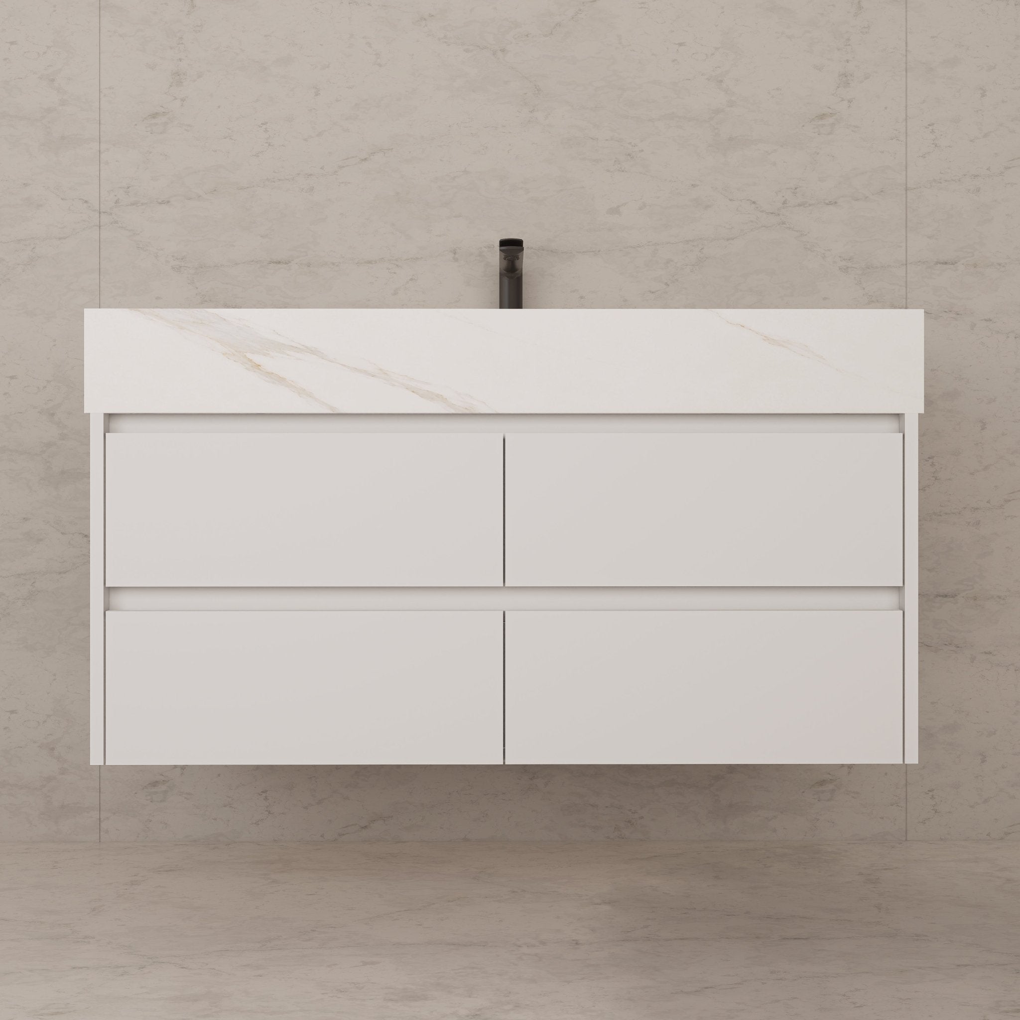 48" White Sintered Stone Top With Double Drawer Floating Bathroom Vanity -VanityWhite