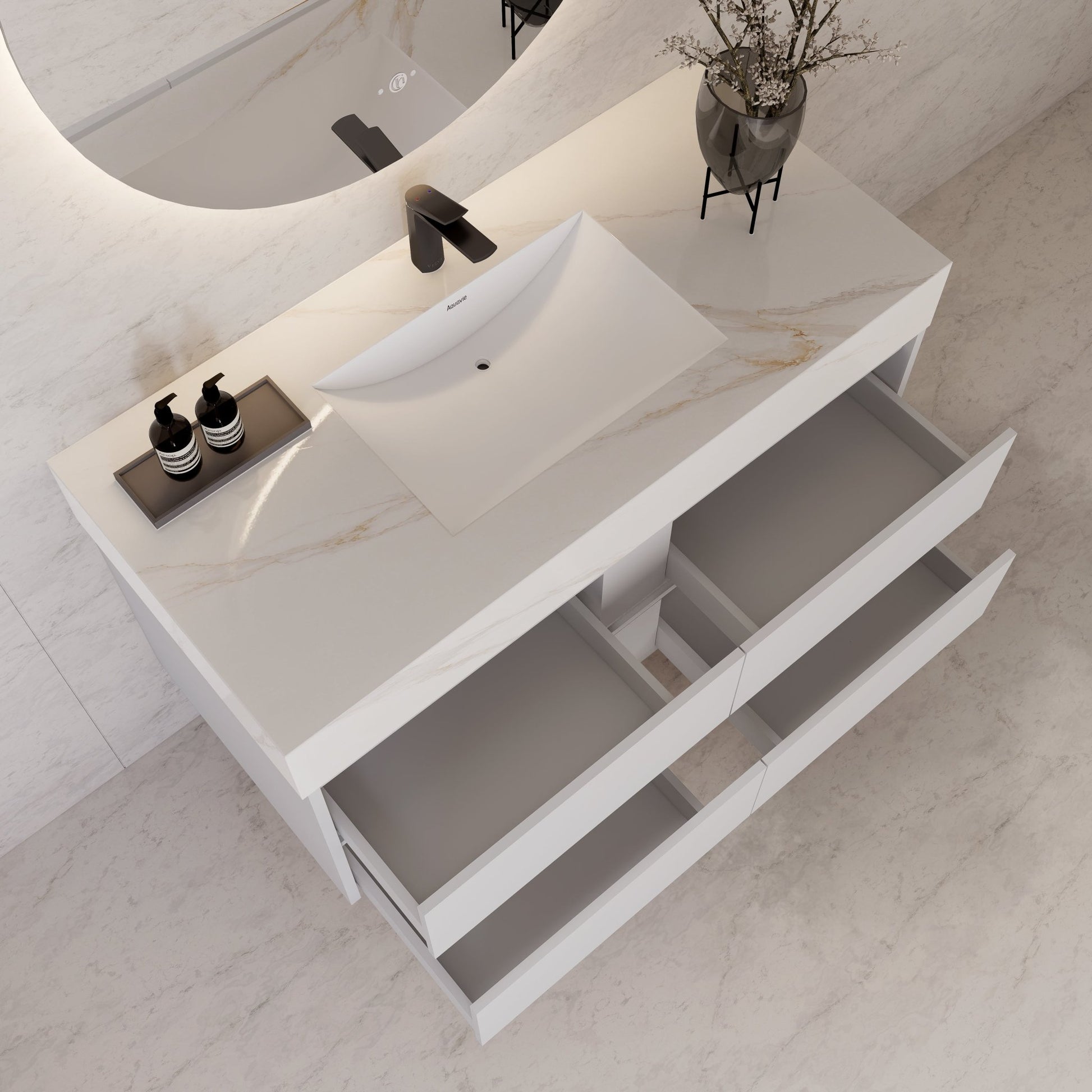 48" White Sintered Stone Top With Double Drawer Floating Bathroom Vanity -VanityWhite