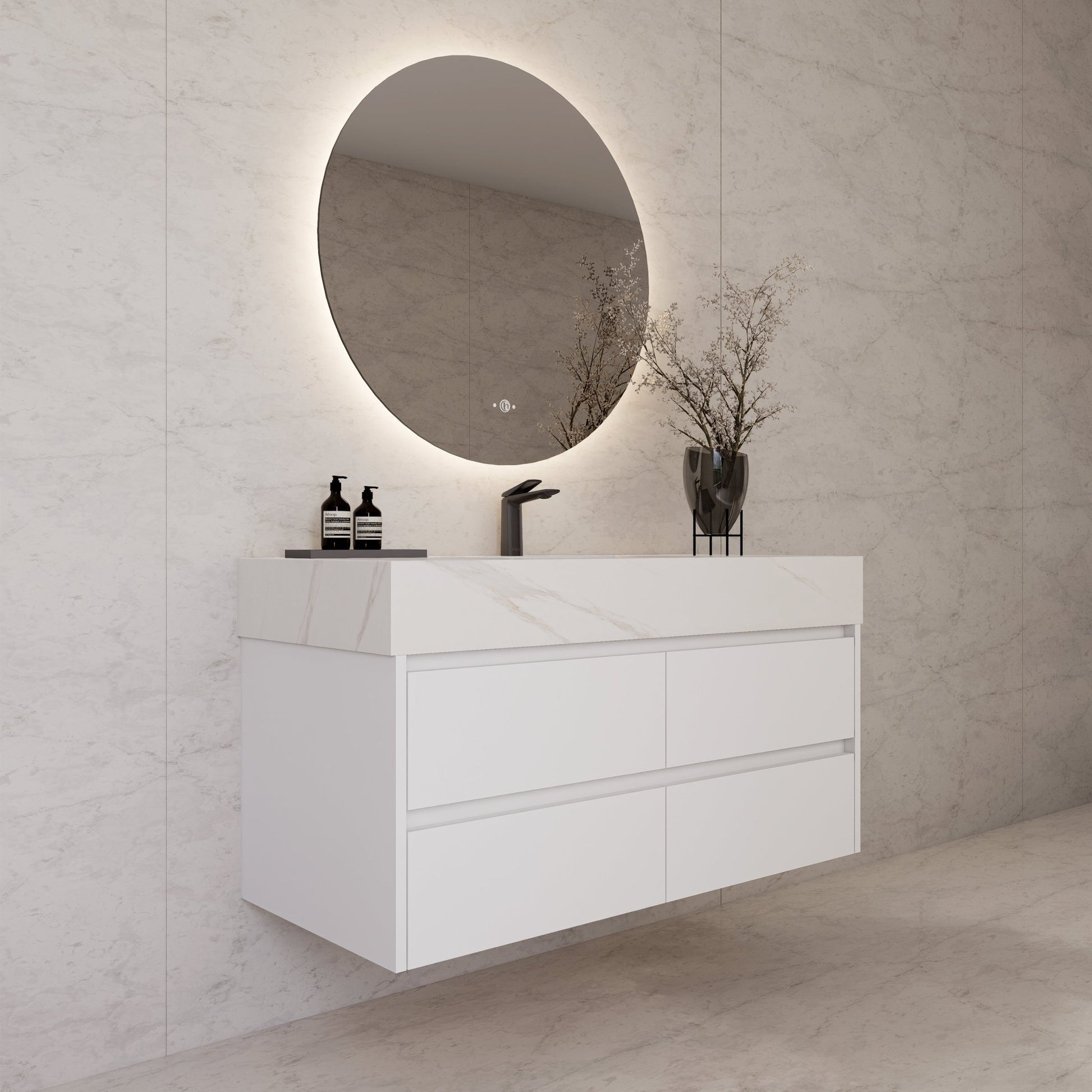 48" White Sintered Stone Top With Double Drawer Floating Bathroom Vanity -VanityWhite