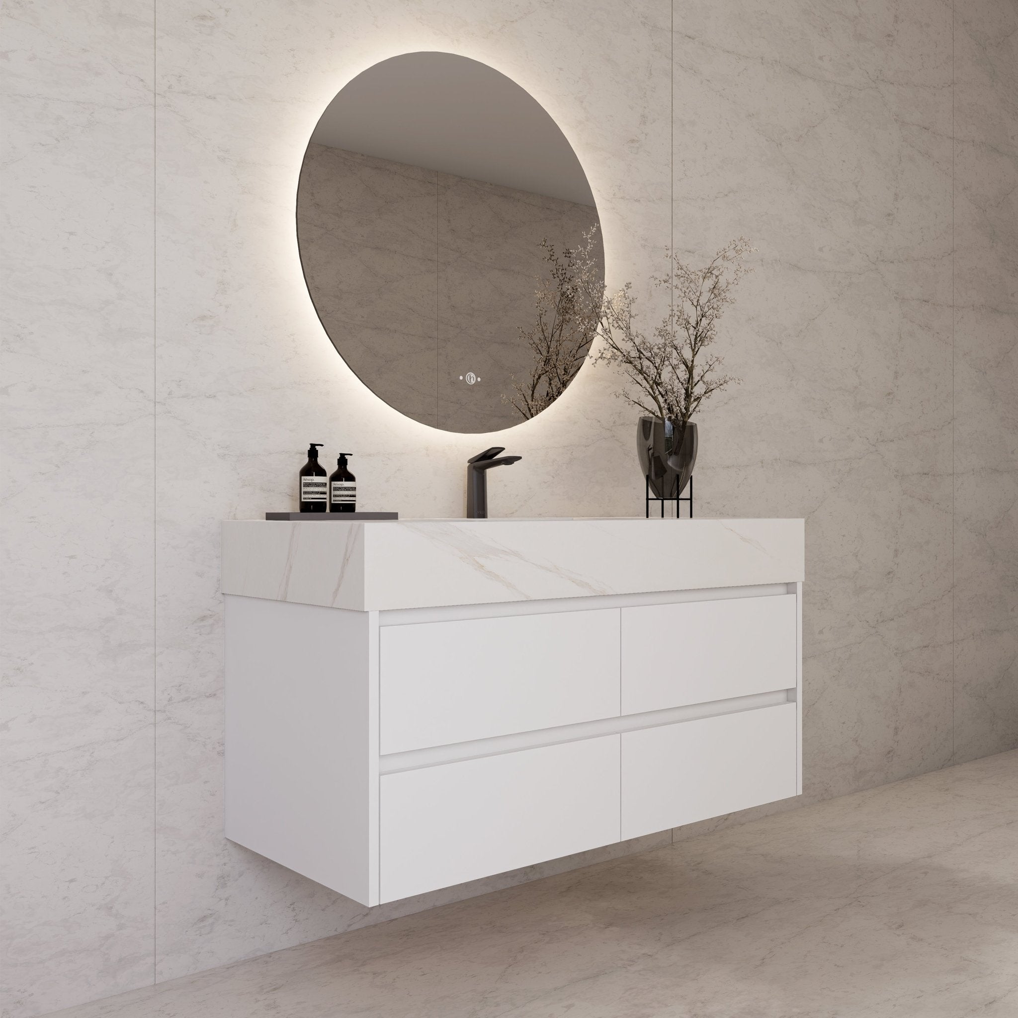 48" White Sintered Stone Top With Double Drawer Floating Bathroom Vanity -VanityWhite