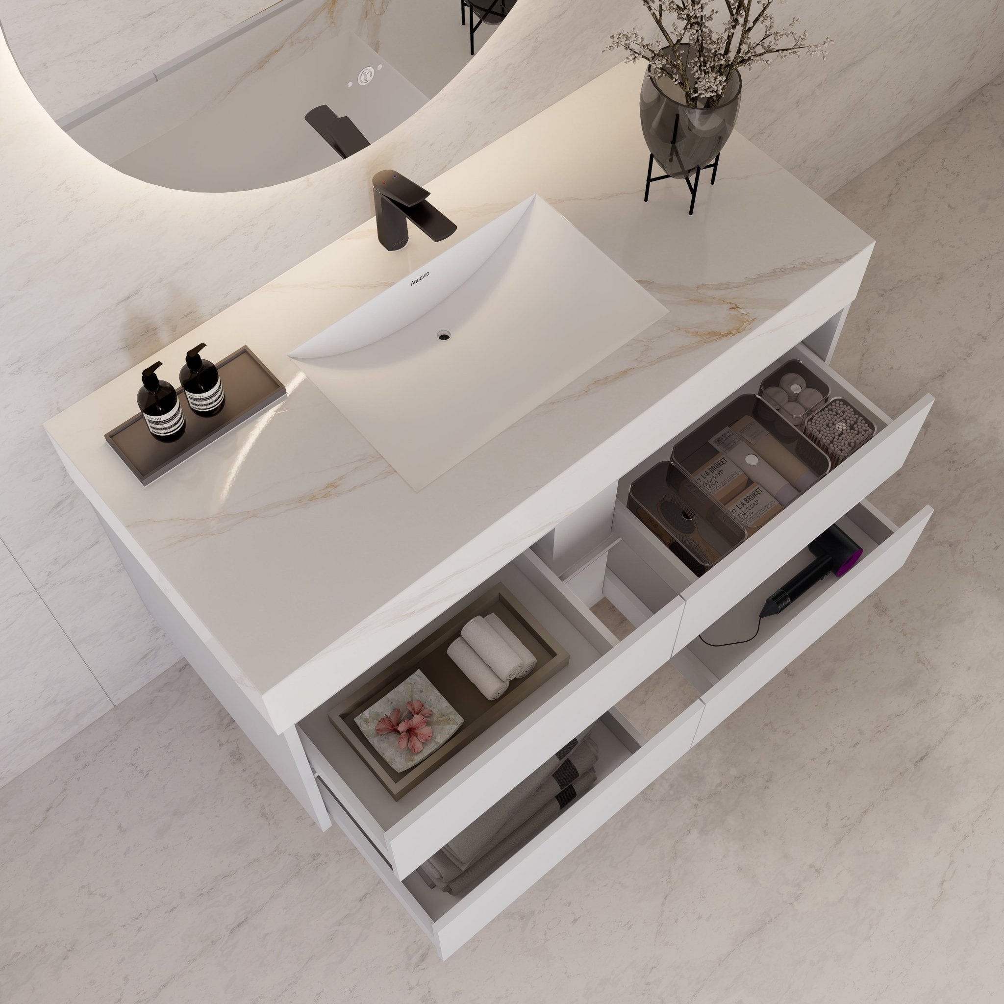 48" White Sintered Stone Top With Double Drawer Floating Bathroom Vanity -VanityWhite