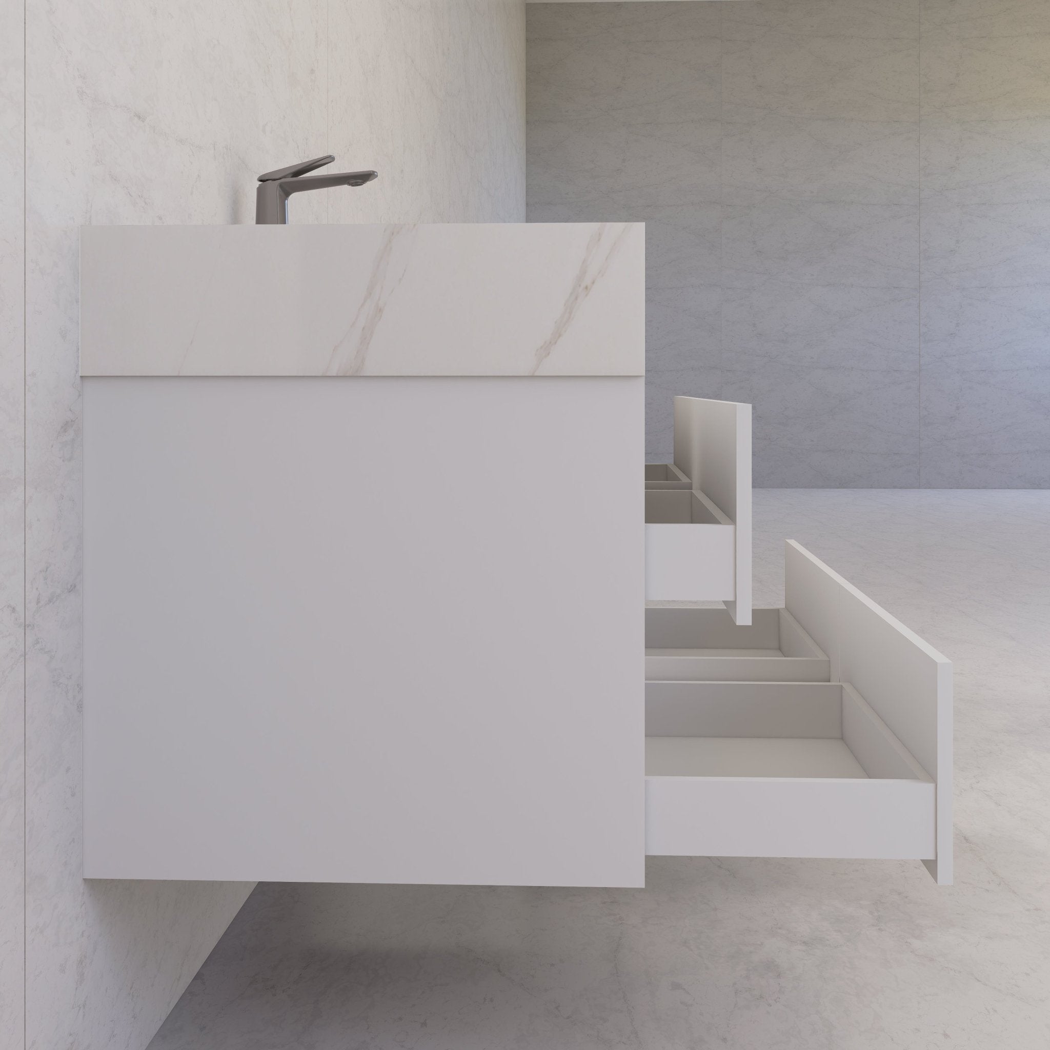 48" White Sintered Stone Top With Double Drawer Floating Bathroom Vanity -VanityWhite