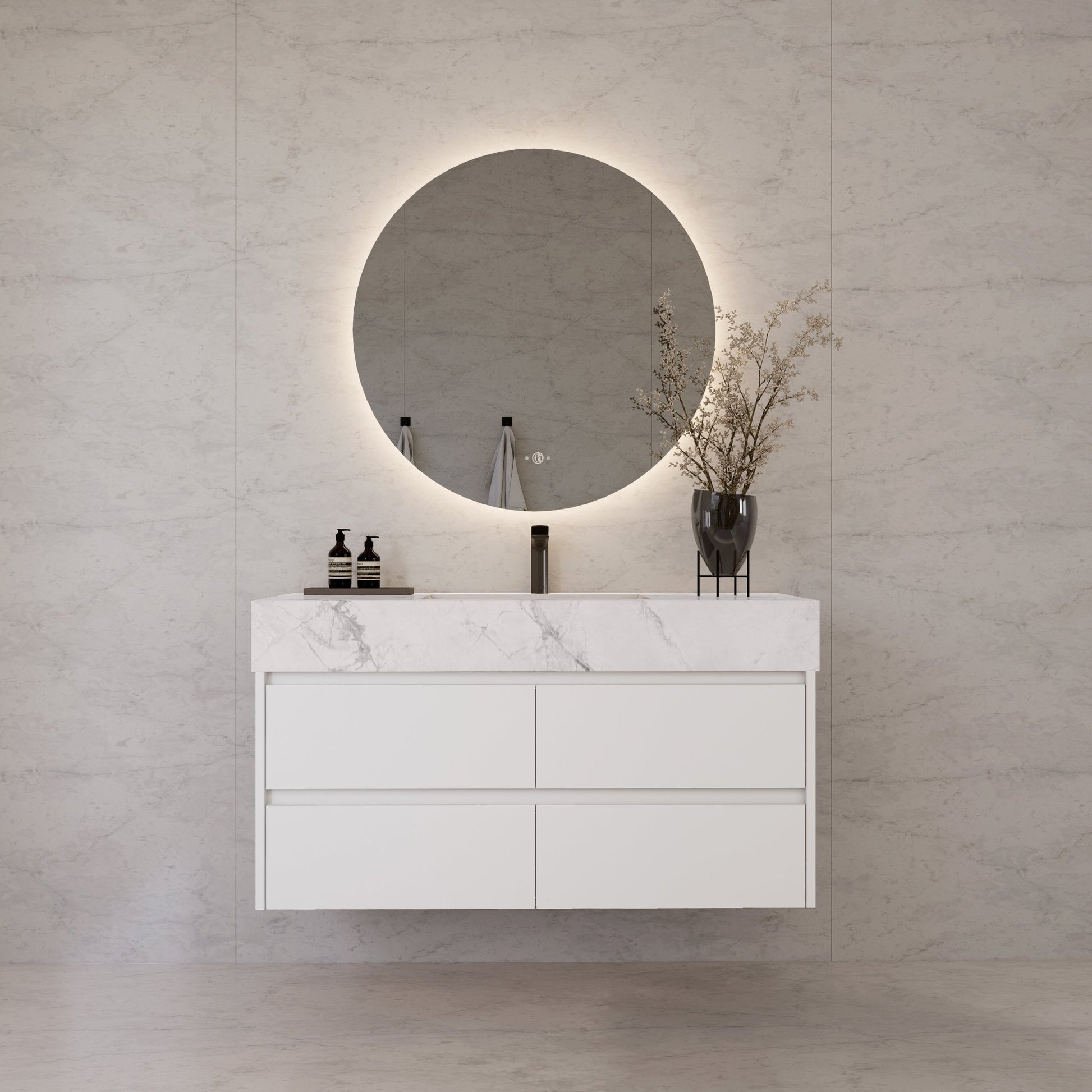 48" White Sintered Stone Top With Double Drawer Floating Bathroom Vanity -VanityWhite
