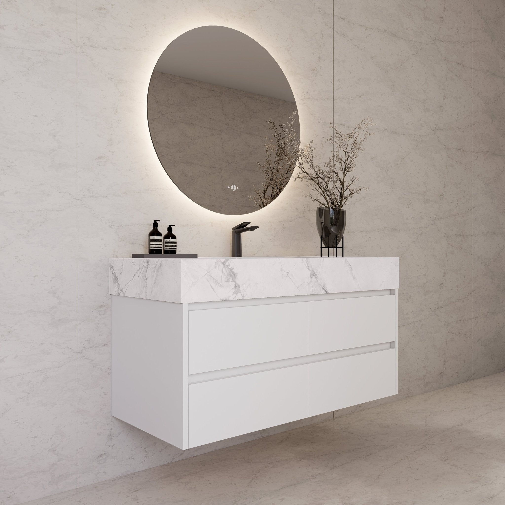 48" White Sintered Stone Top With Double Drawer Floating Bathroom Vanity -VanityWhite