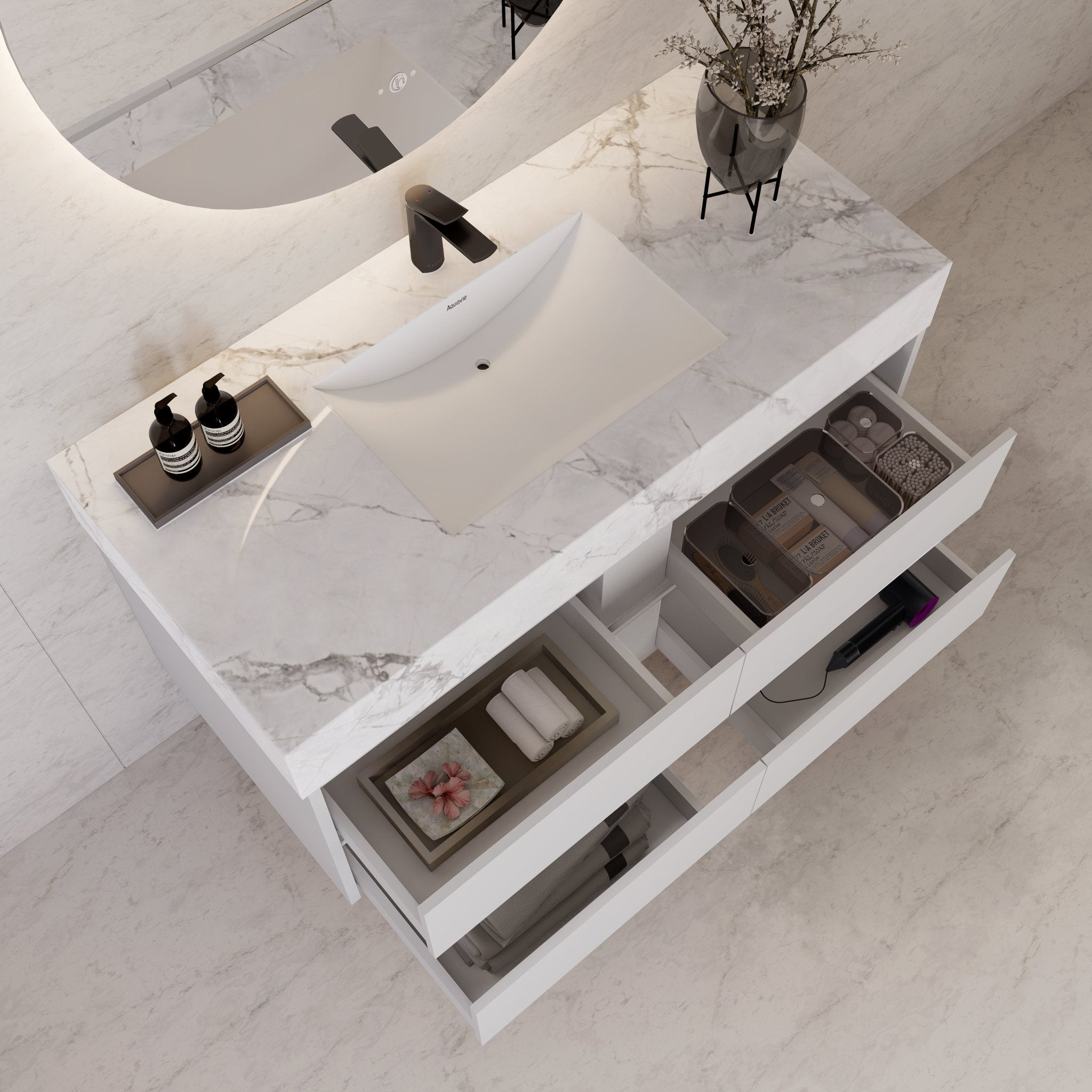 48" White Sintered Stone Top With Double Drawer Floating Bathroom Vanity -VanityWhite