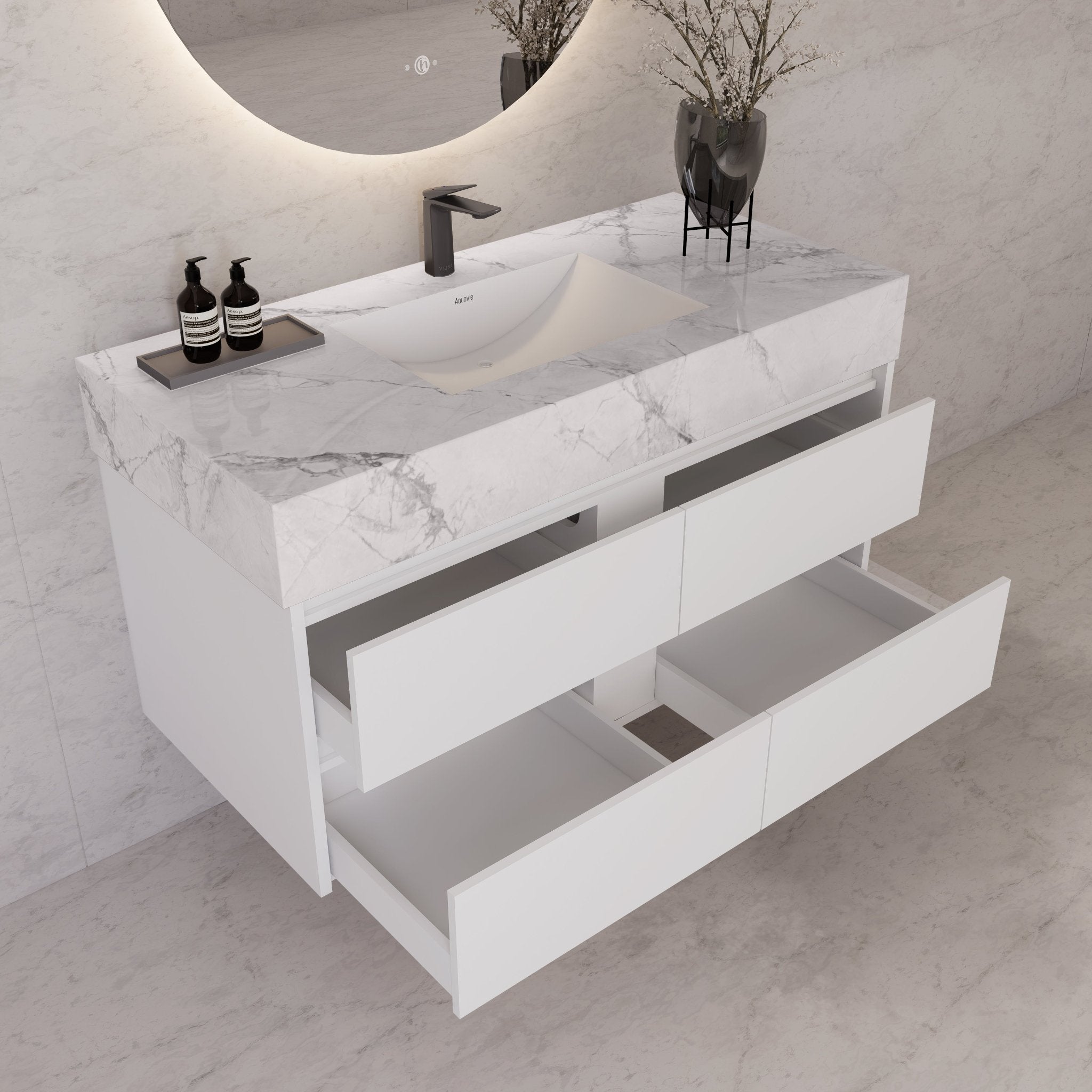 48" White Sintered Stone Top With Double Drawer Floating Bathroom Vanity -VanityWhite