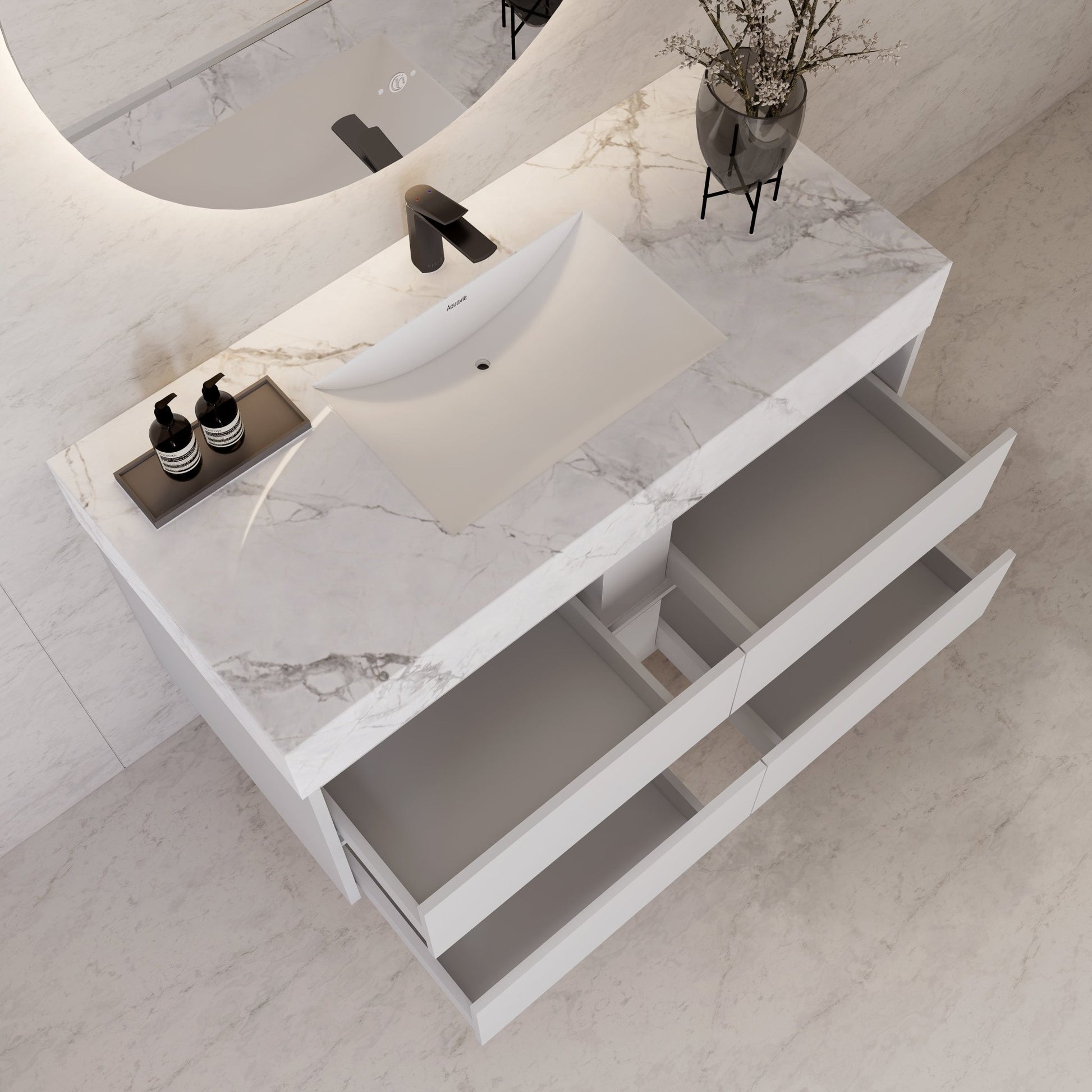 48" White Sintered Stone Top With Double Drawer Floating Bathroom Vanity -VanityWhite