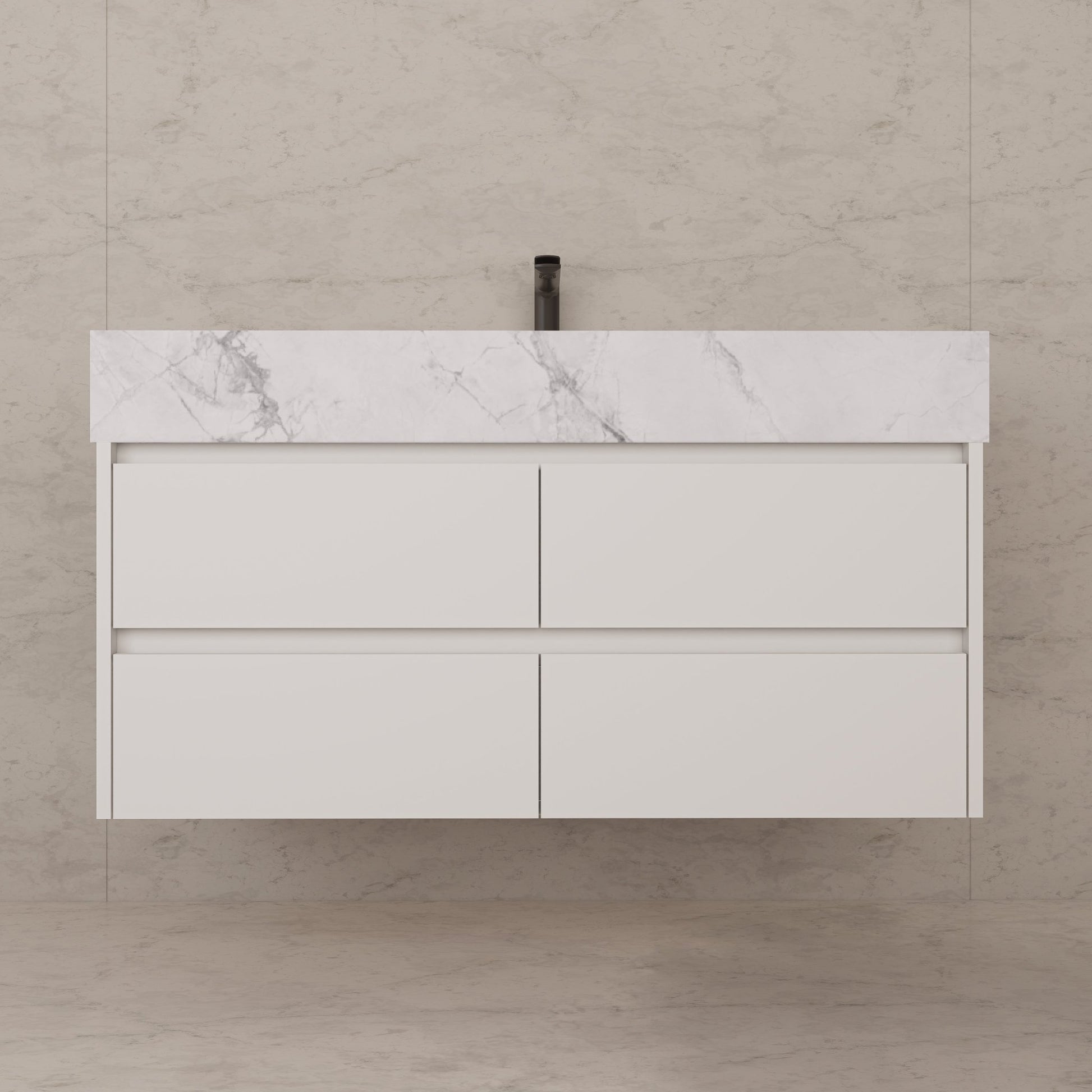 48" White Sintered Stone Top With Double Drawer Floating Bathroom Vanity -VanityWhite