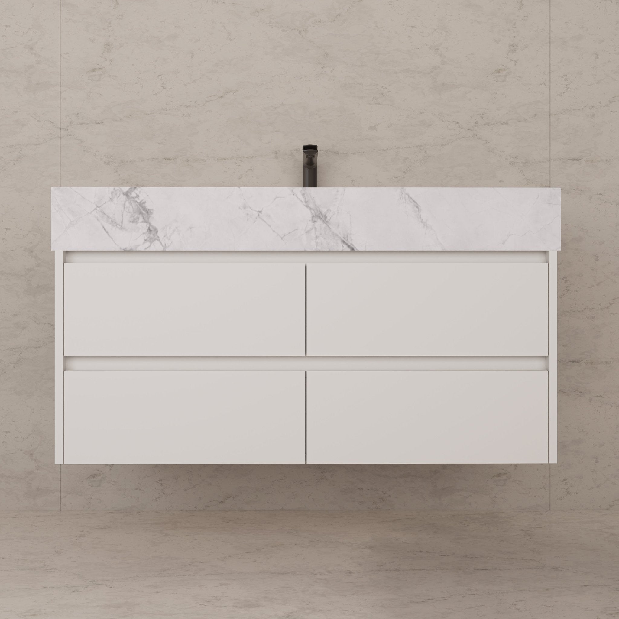 48" White Sintered Stone Top With Double Drawer Floating Bathroom Vanity -VanityWhite
