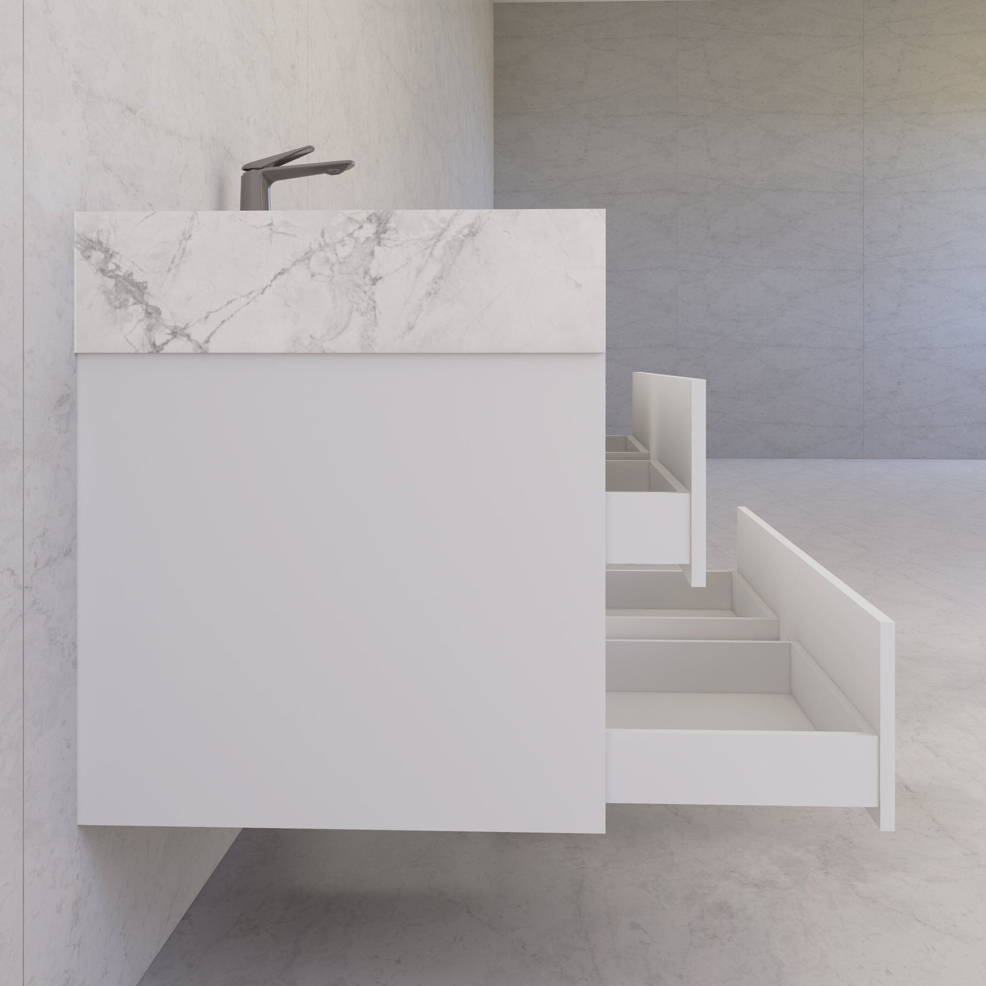 48" White Sintered Stone Top With Double Drawer Floating Bathroom Vanity -VanityWhite