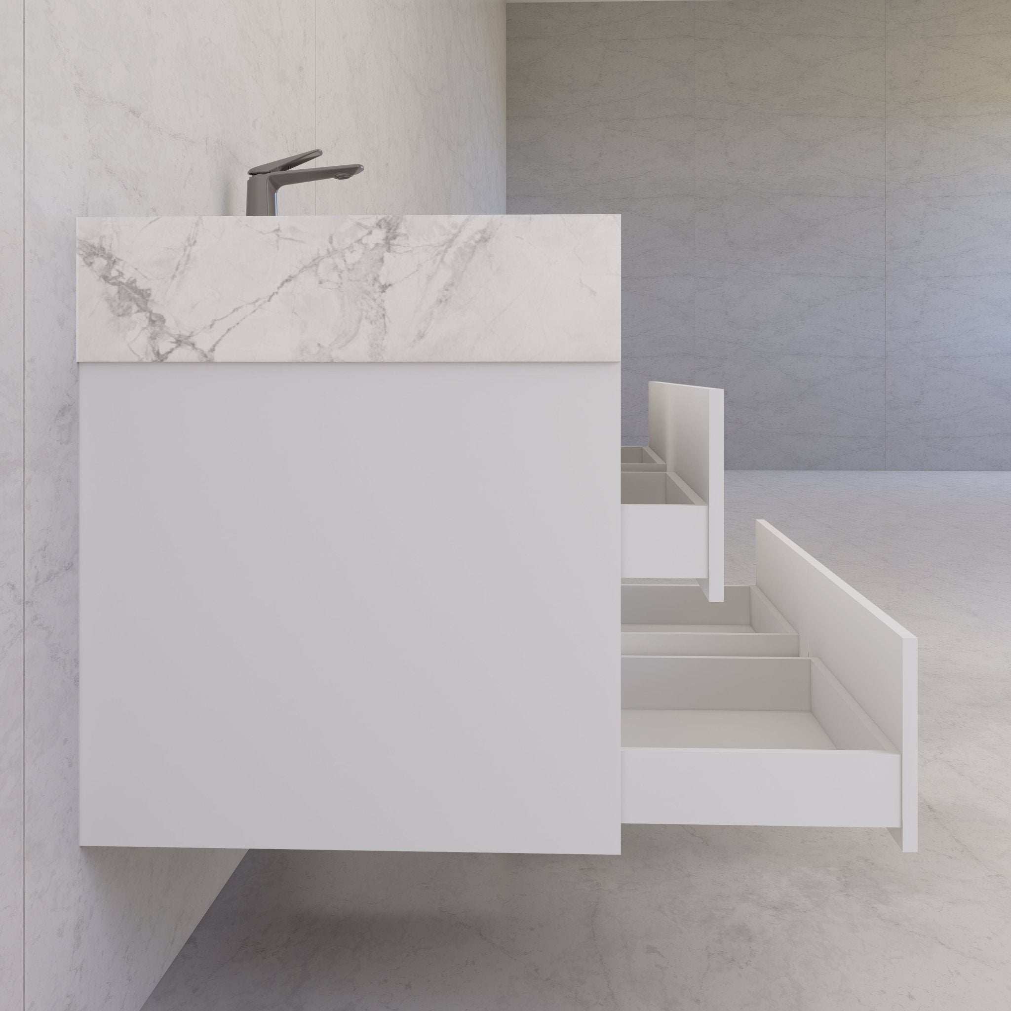 48" White Sintered Stone Top With Double Drawer Floating Bathroom Vanity -VanityWhite