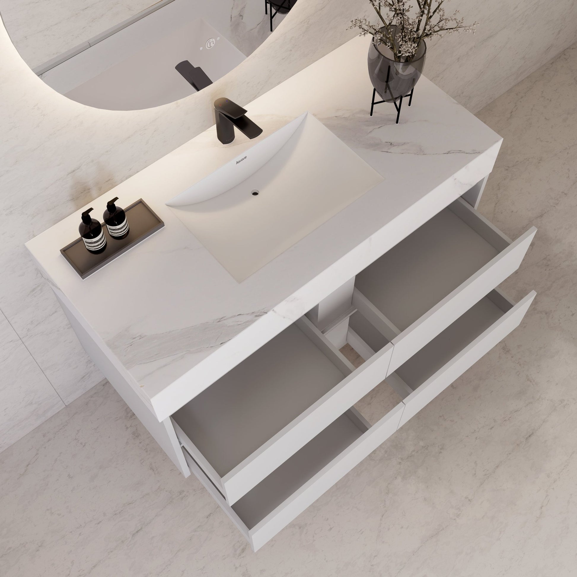 48" White Sintered Stone Top With Double Drawer Floating Bathroom Vanity -VanityWhite
