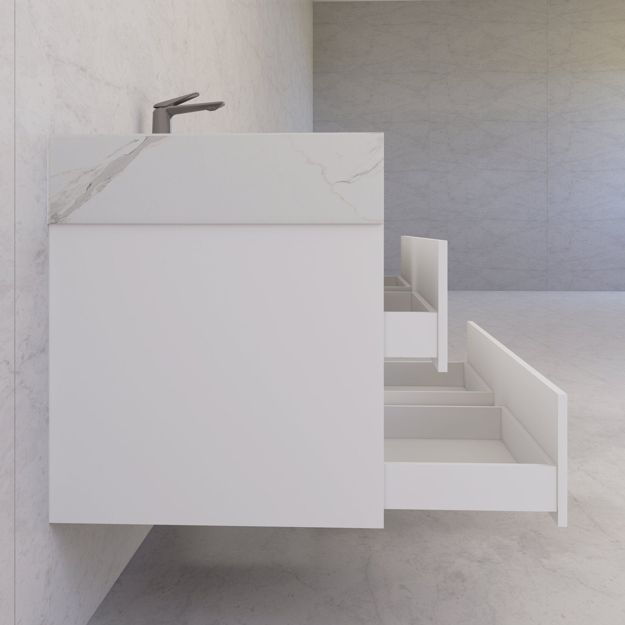 48" White Sintered Stone Top With Double Drawer Floating Bathroom Vanity -VanityWhite