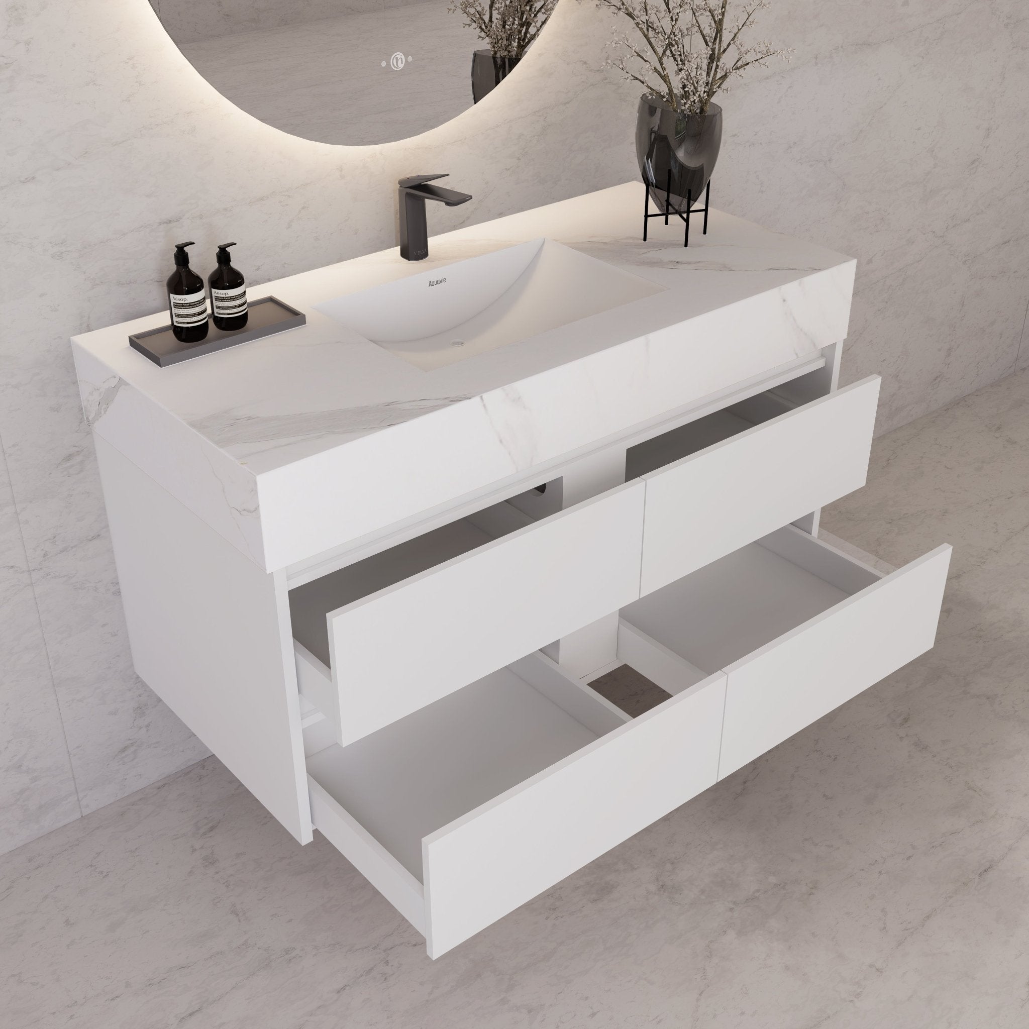 48" White Sintered Stone Top With Double Drawer Floating Bathroom Vanity -VanityWhite