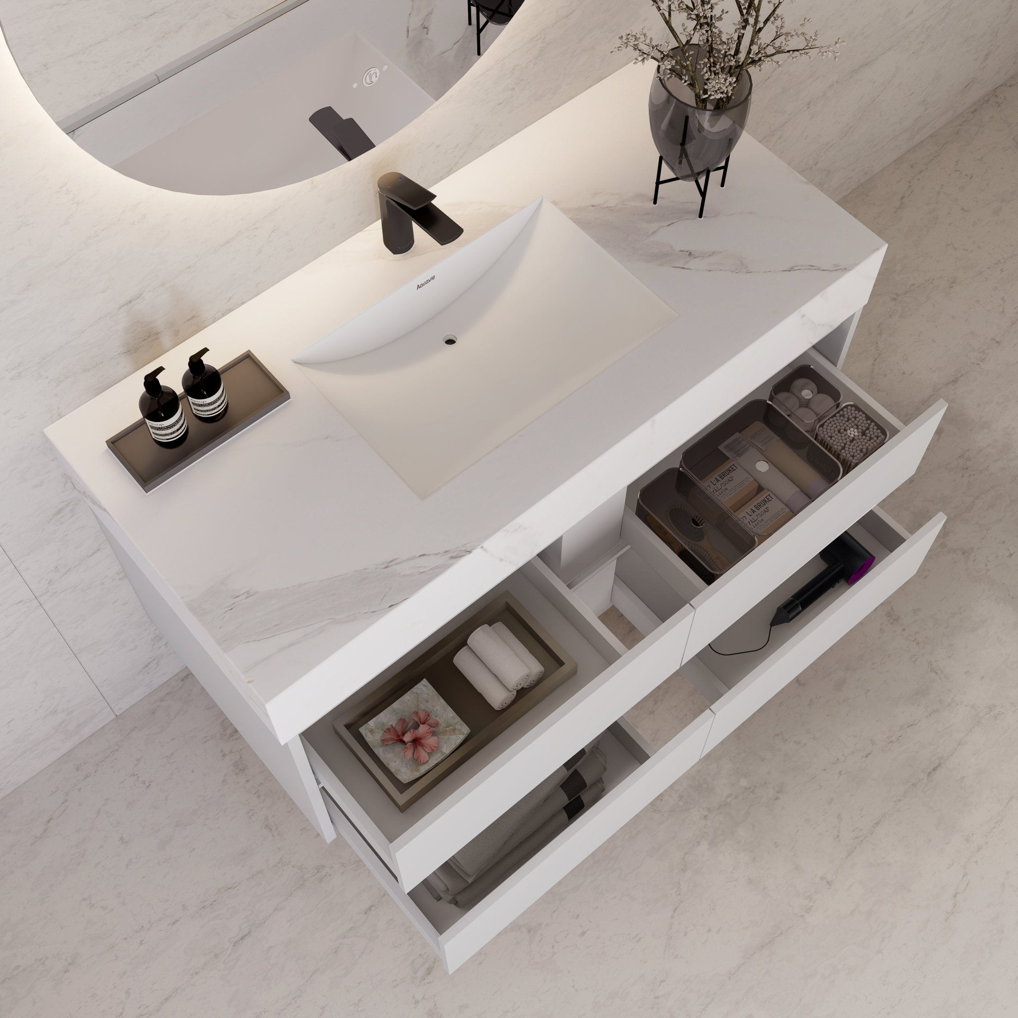 48" White Sintered Stone Top With Double Drawer Floating Bathroom Vanity -VanityWhite