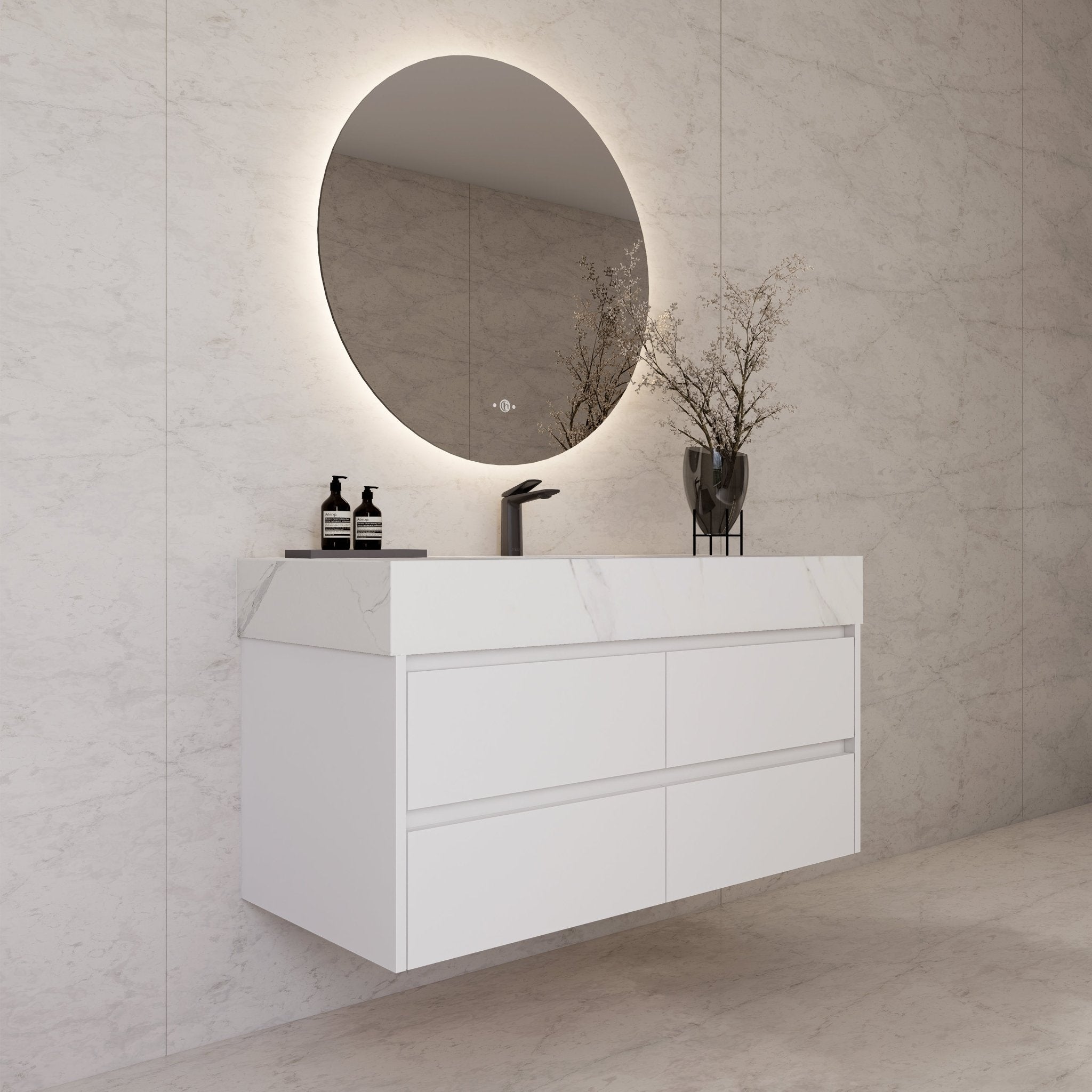 48" White Sintered Stone Top With Double Drawer Floating Bathroom Vanity -VanityWhite