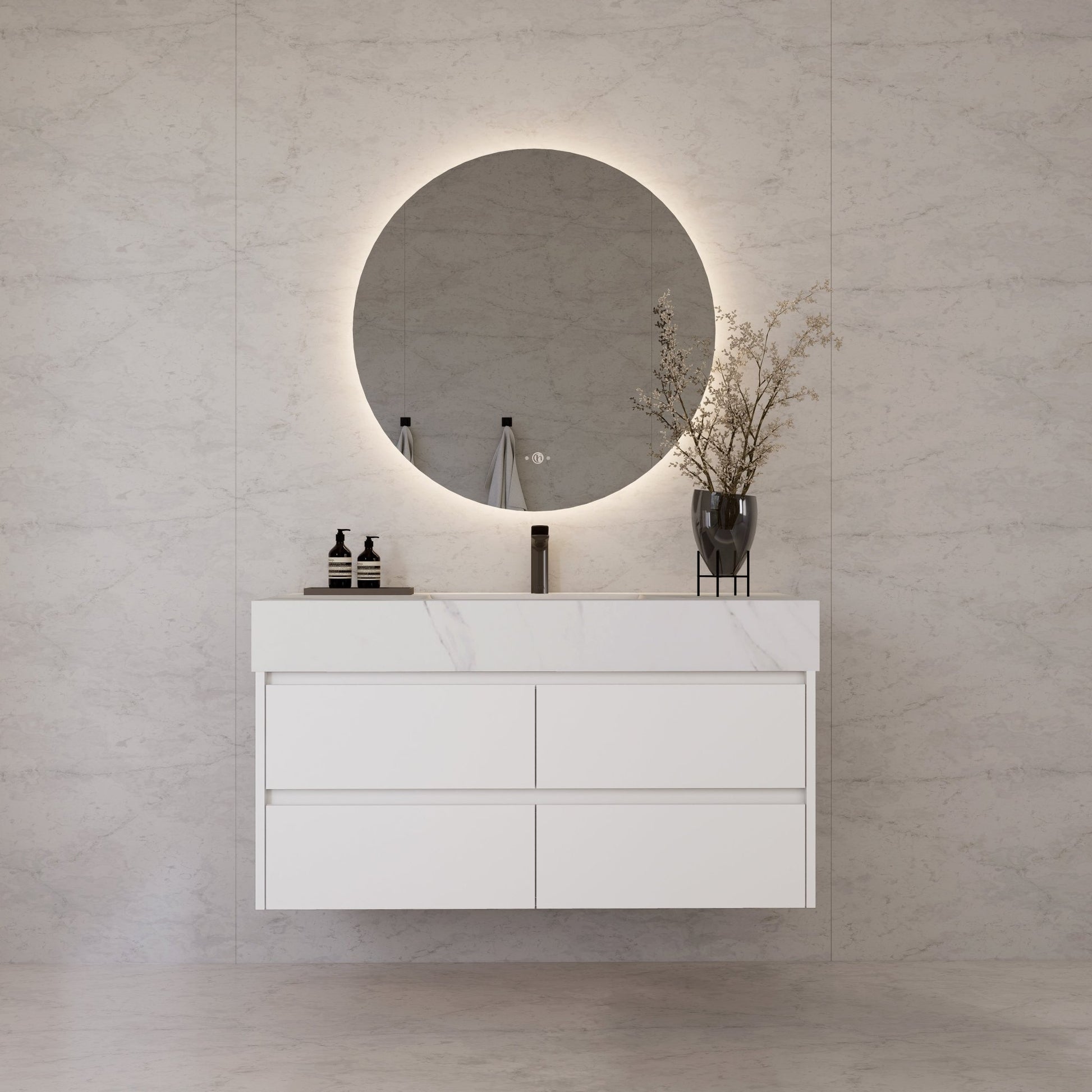48" White Sintered Stone Top With Double Drawer Floating Bathroom Vanity -VanityWhite