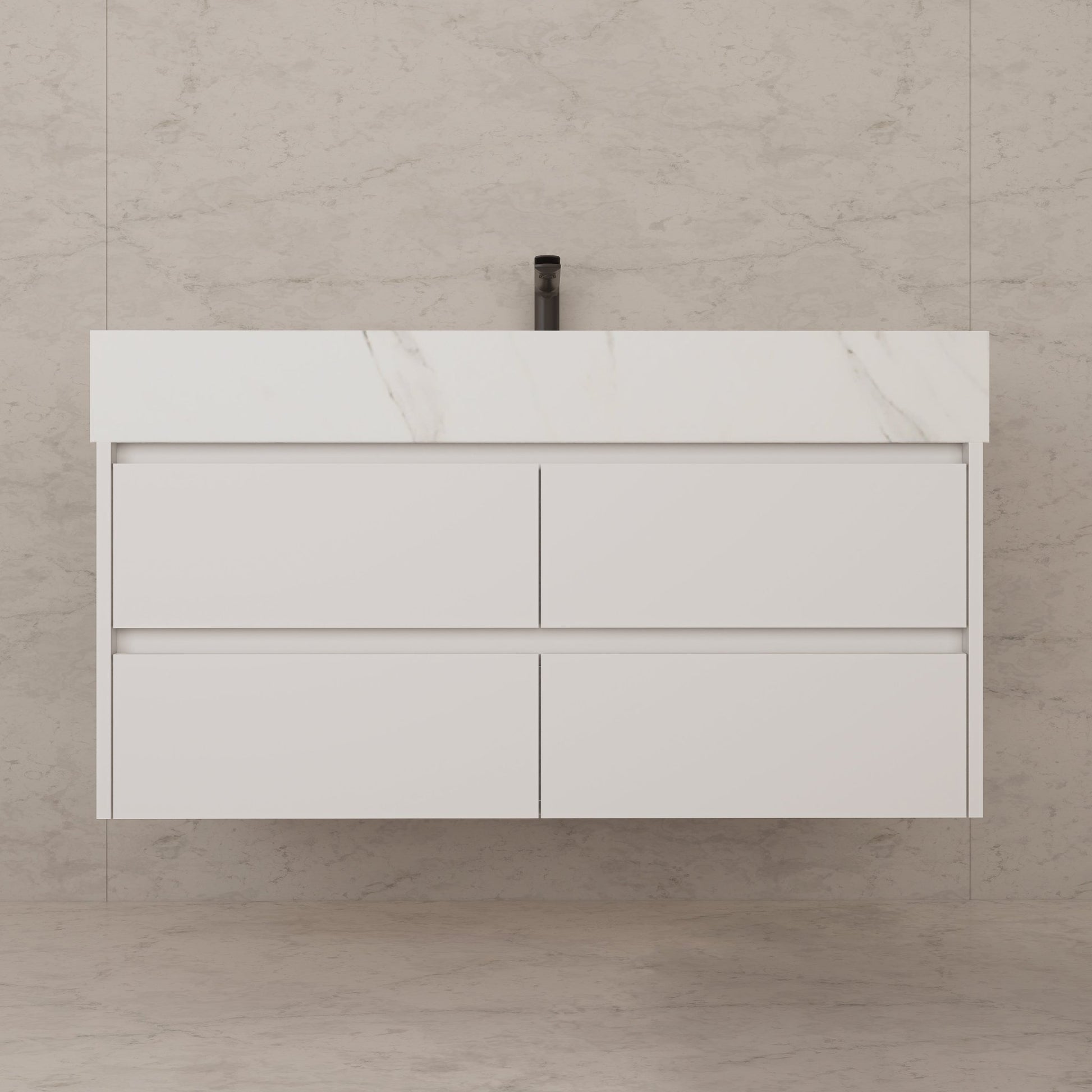 48" White Sintered Stone Top With Double Drawer Floating Bathroom Vanity -VanityWhite
