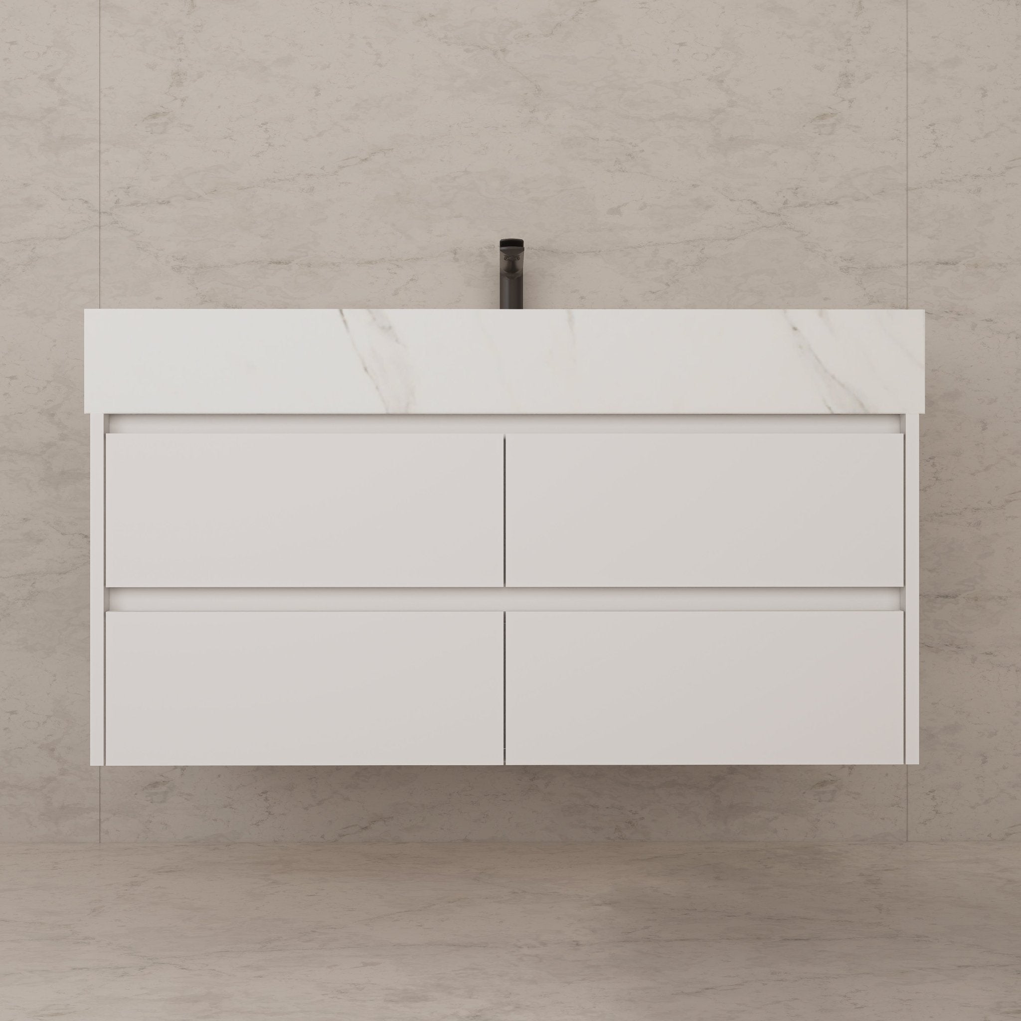 48" White Sintered Stone Top With Double Drawer Floating Bathroom Vanity -VanityWhite
