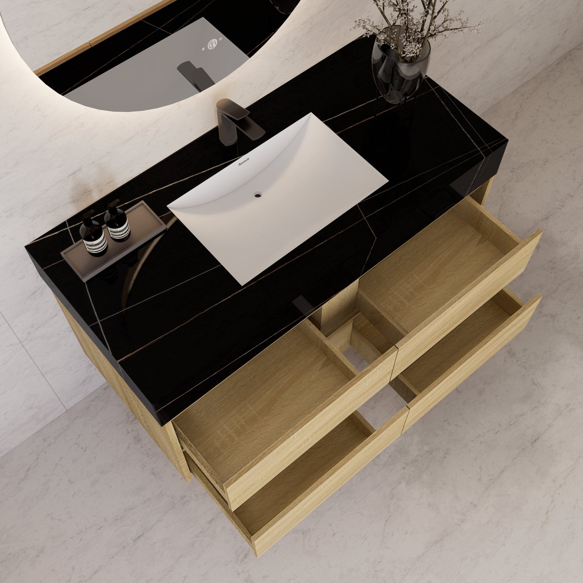 48"，60" Light Oak Sintered Stone Top With Four Drawer Floating Bathroom Vanity -VanityLight Oak