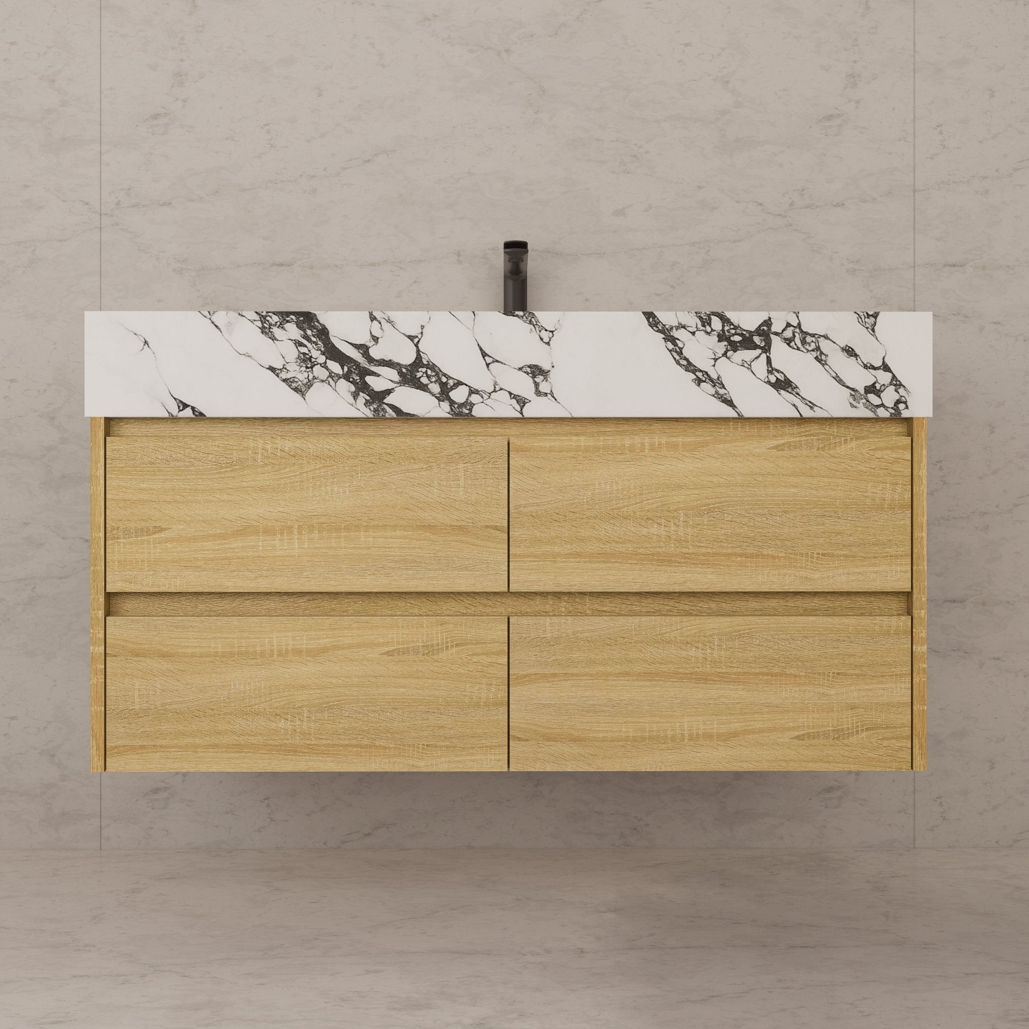 48"，60" Light Oak Sintered Stone Top With Four Drawer Floating Bathroom Vanity -VanityLight Oak