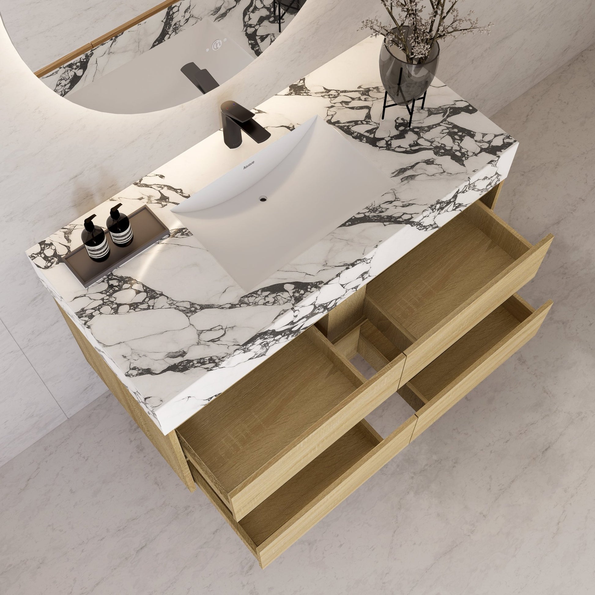 48"，60" Light Oak Sintered Stone Top With Four Drawer Floating Bathroom Vanity -VanityLight Oak