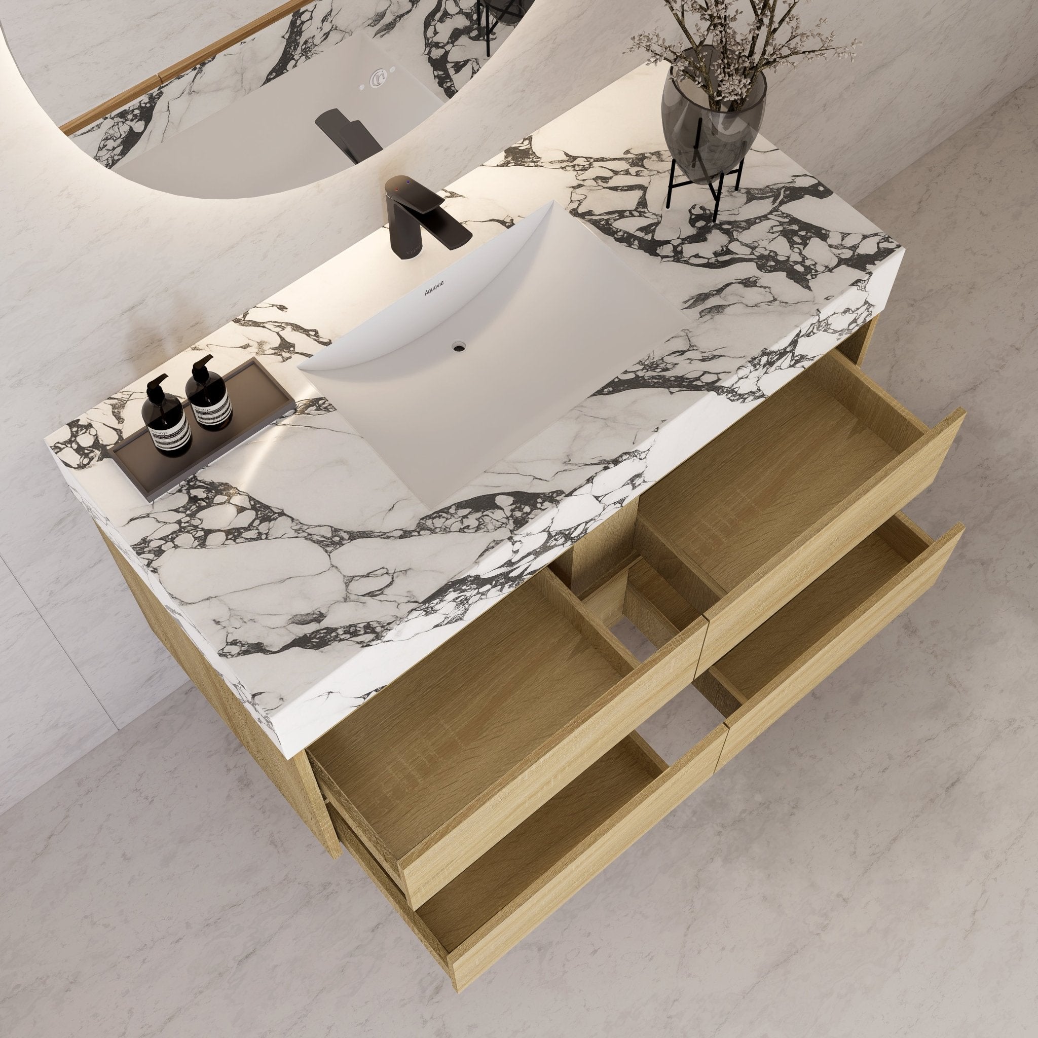 48"，60" Light Oak Sintered Stone Top With Four Drawer Floating Bathroom Vanity -VanityLight Oak