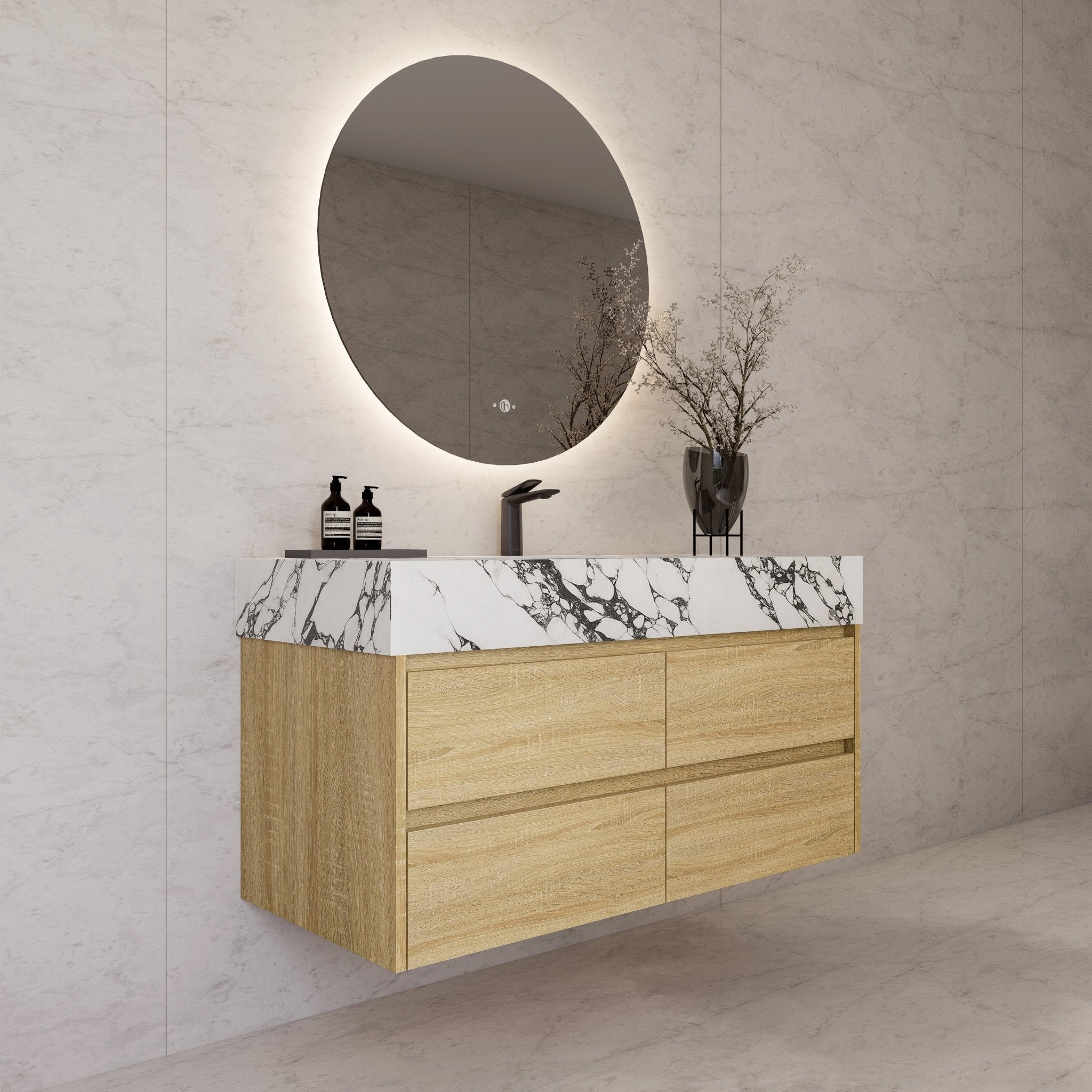 48"，60" Light Oak Sintered Stone Top With Four Drawer Floating Bathroom Vanity -VanityLight Oak