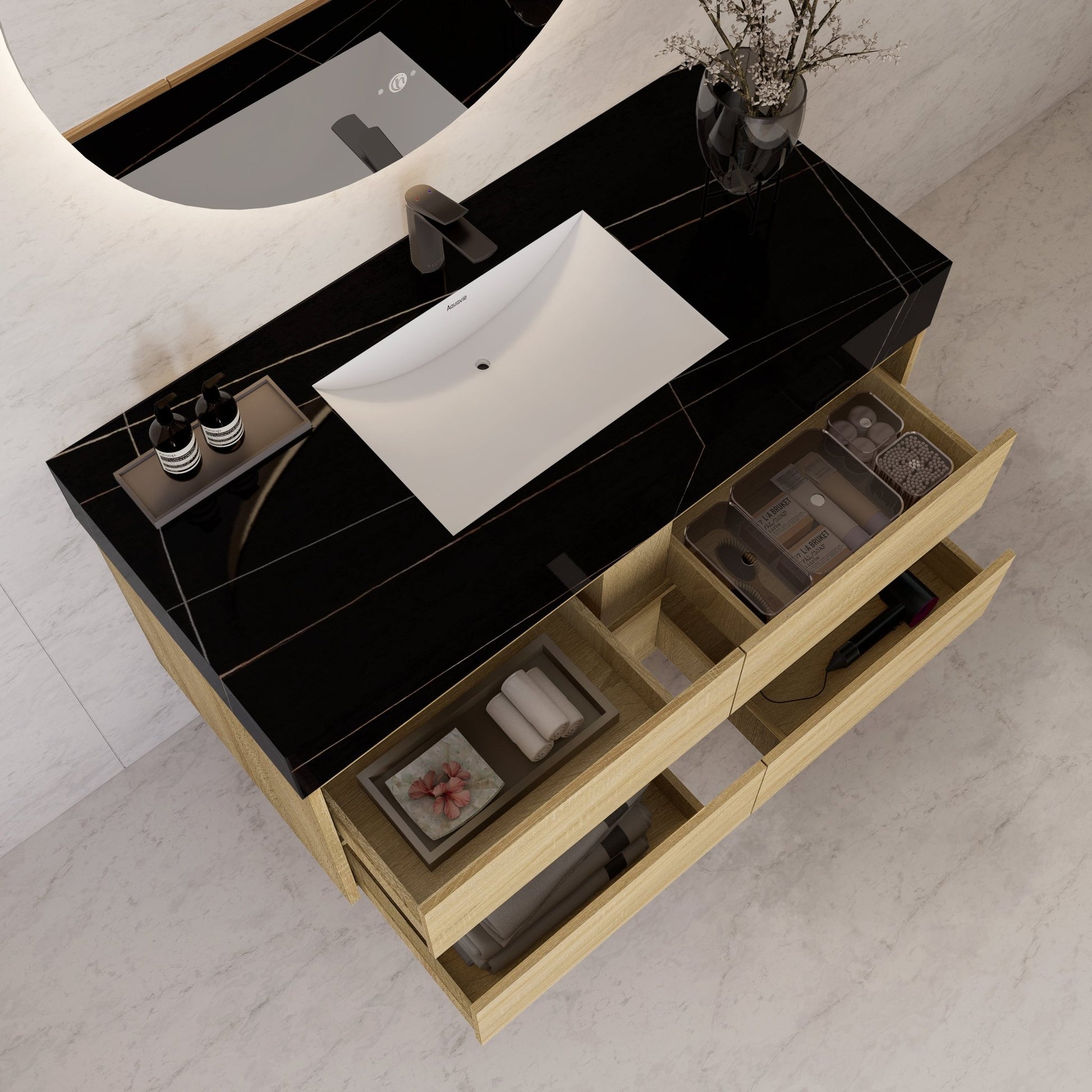 48"，60" Light Oak Sintered Stone Top With Four Drawer Floating Bathroom Vanity -VanityLight Oak