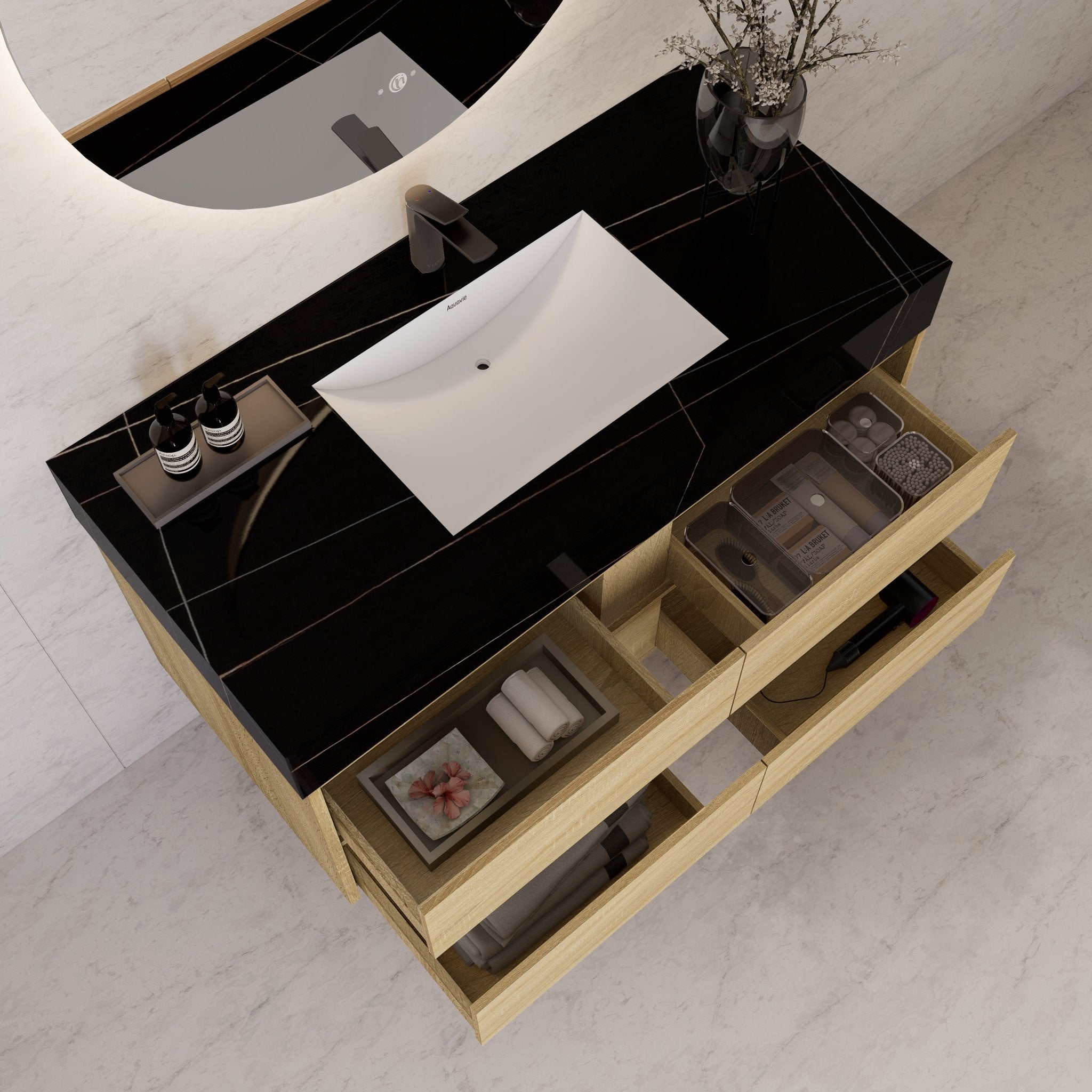 48"，60" Light Oak Sintered Stone Top With Four Drawer Floating Bathroom Vanity -VanityLight Oak
