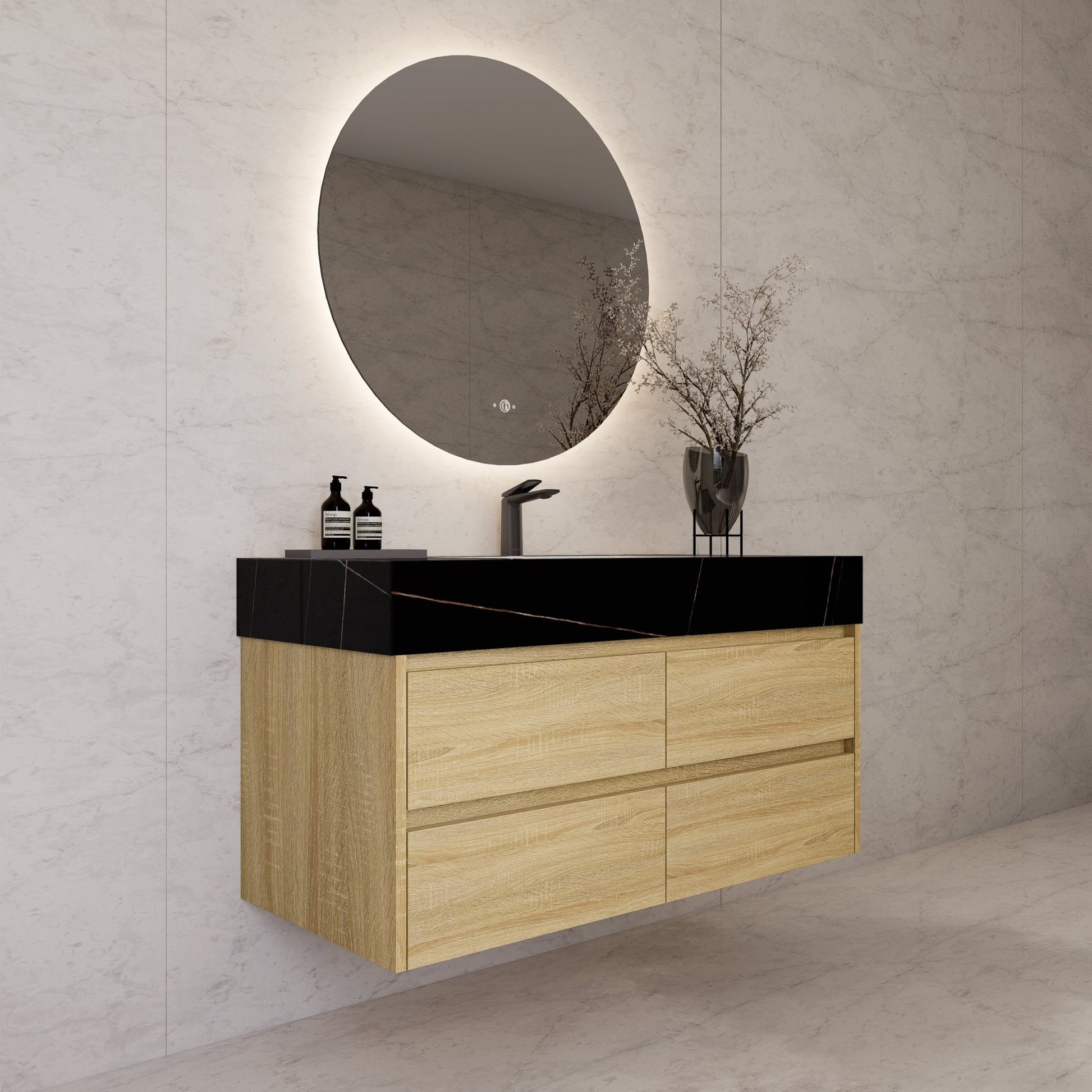 48"，60" Light Oak Sintered Stone Top With Four Drawer Floating Bathroom Vanity -VanityLight Oak