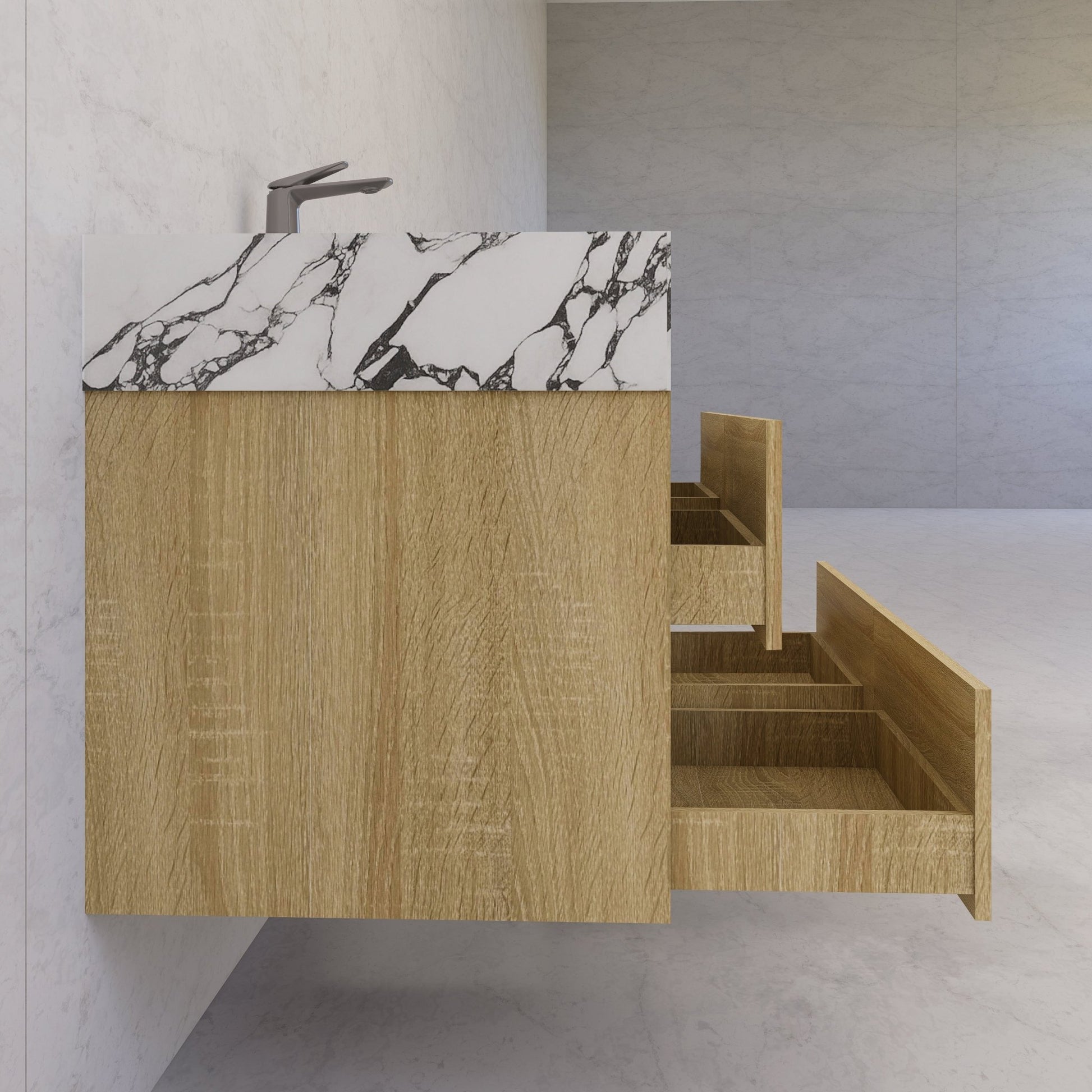 48"，60" Light Oak Sintered Stone Top With Four Drawer Floating Bathroom Vanity -VanityLight Oak