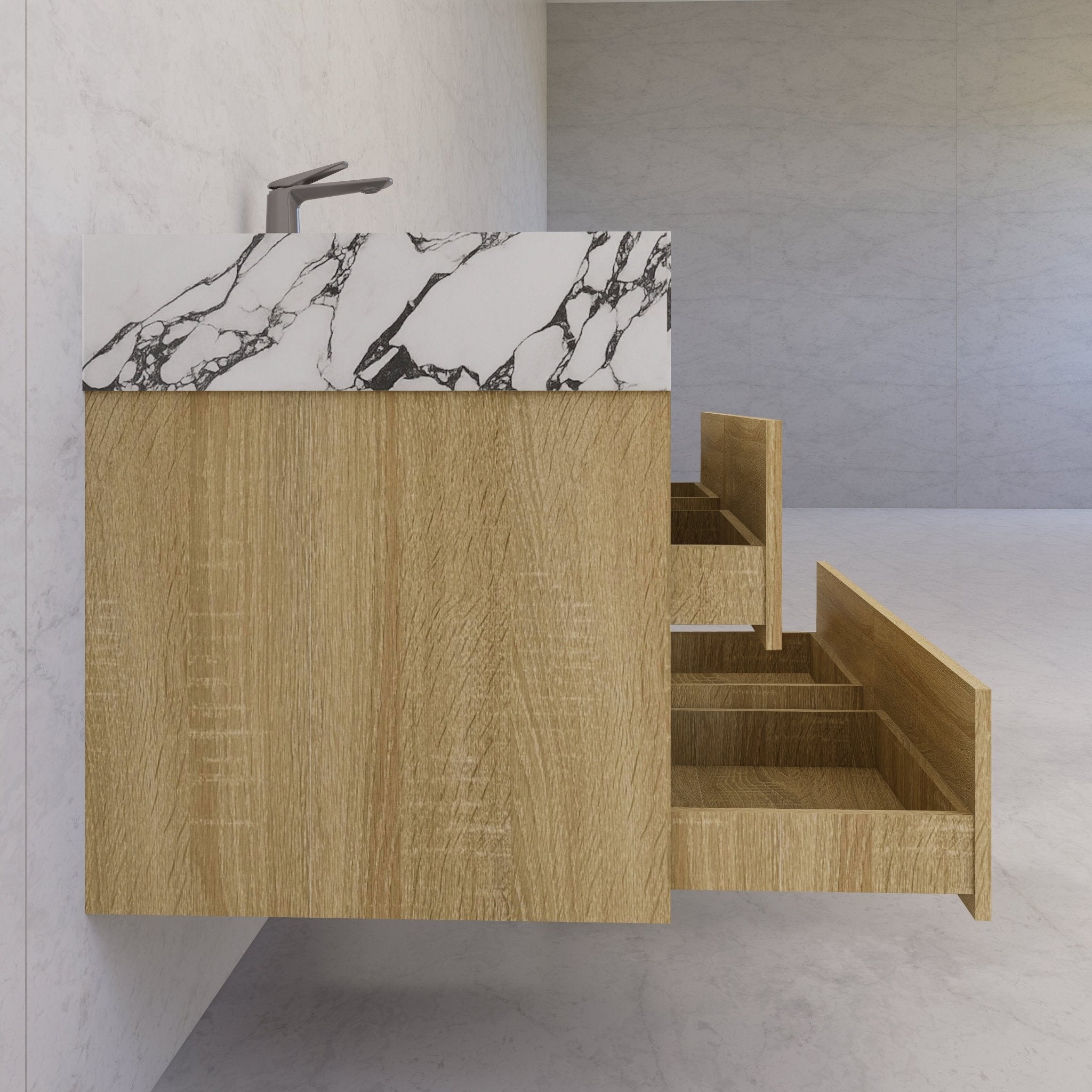 48"，60" Light Oak Sintered Stone Top With Four Drawer Floating Bathroom Vanity -VanityLight Oak