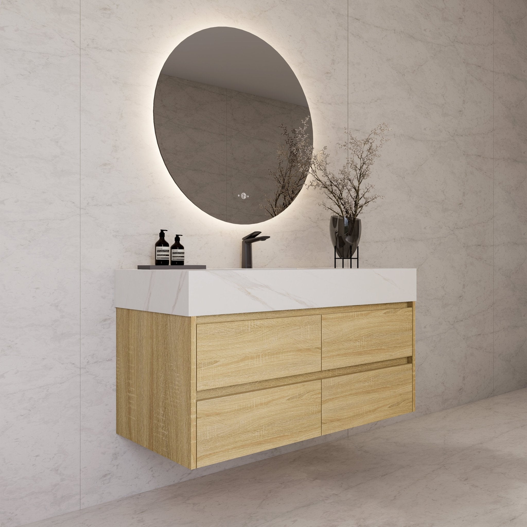 48"，60" Light Oak Sintered Stone Top With Four Drawer Floating Bathroom Vanity -VanityLight Oak